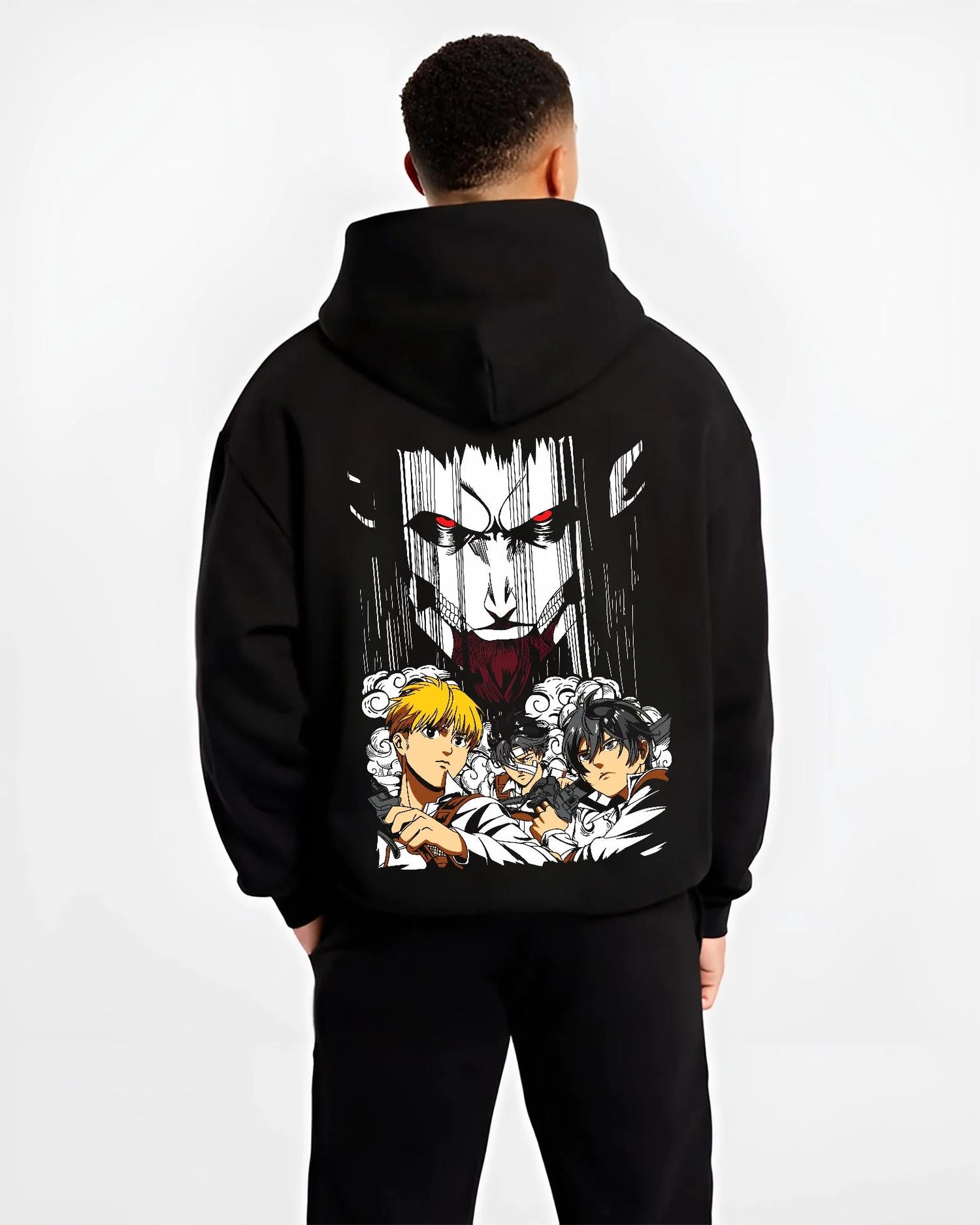 Black hoodie worn by male model, back view with Survey Corps Hoodie Attack on Titan Levi and Squad Team graphic bold anime graphic.