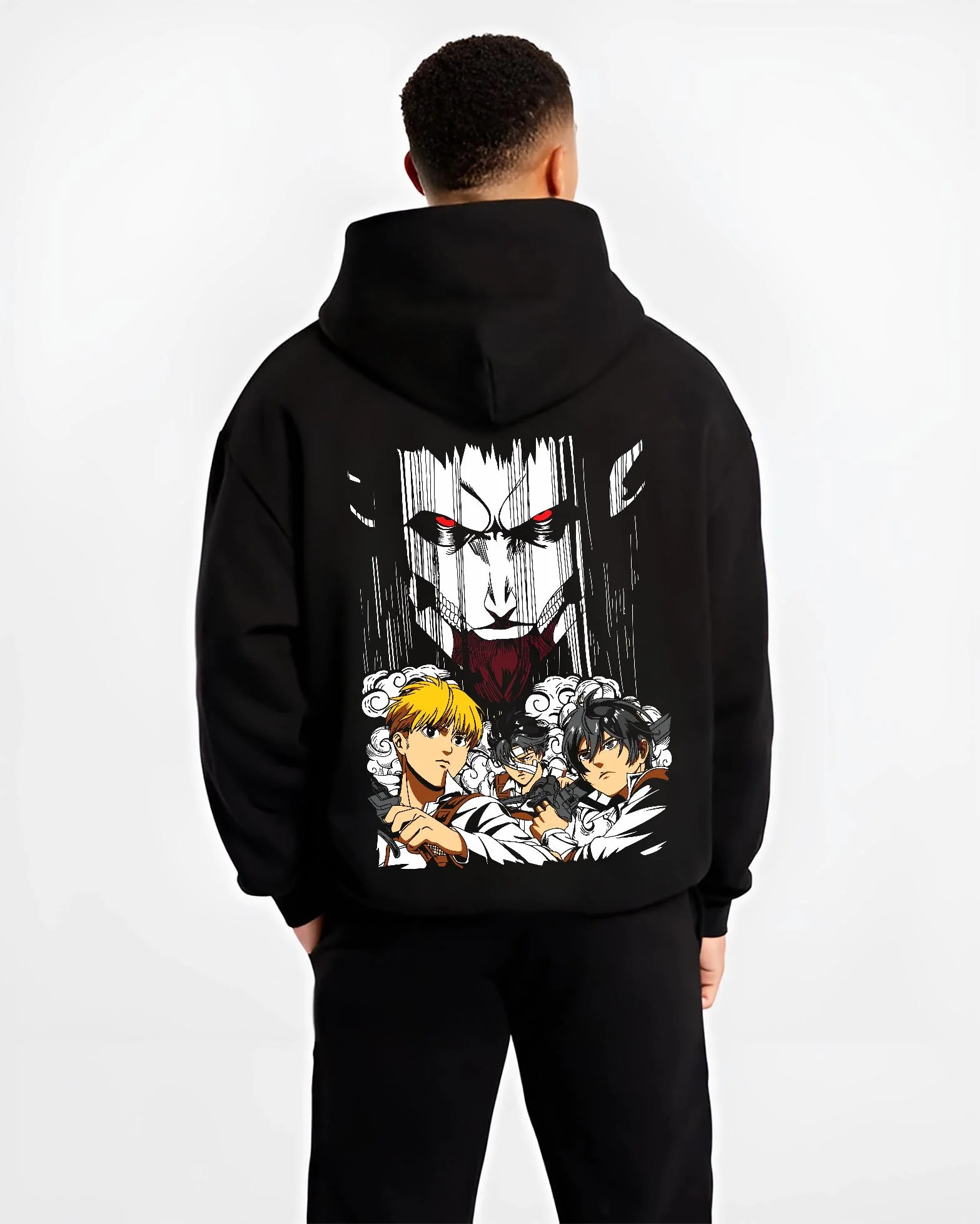 Black hoodie worn by male model, back view with Survey Corps Hoodie Attack on Titan Levi and Squad Team graphic bold anime graphic.