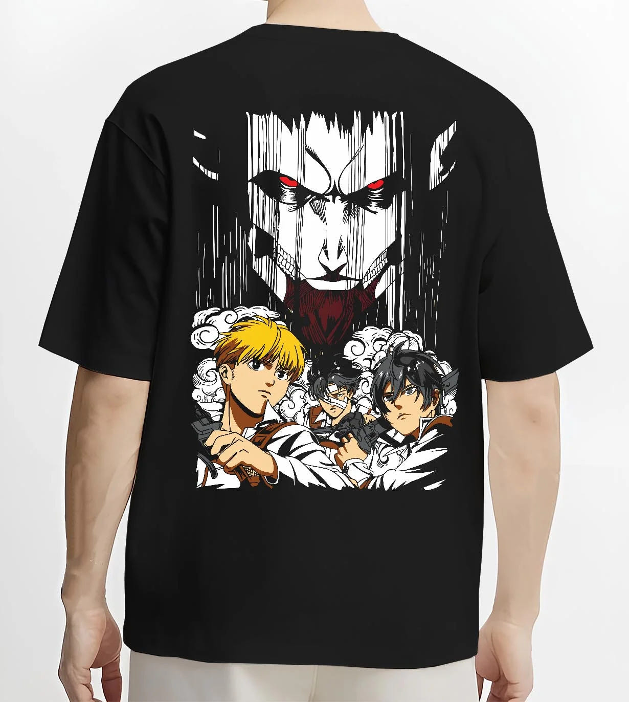 Black T-shirt worn by male model, back view with Survey Corps Hoodie Attack on Titan Levi and Squad Team graphic premium wear.