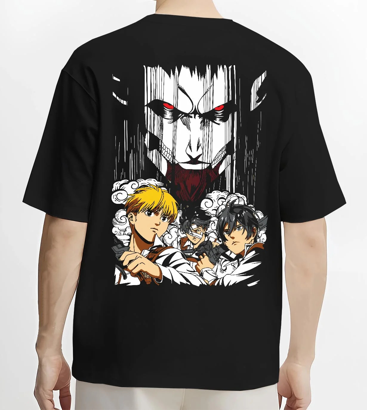 Black T-shirt worn by male model, back view with Survey Corps Hoodie Attack on Titan Levi and Squad Team graphic premium wear.