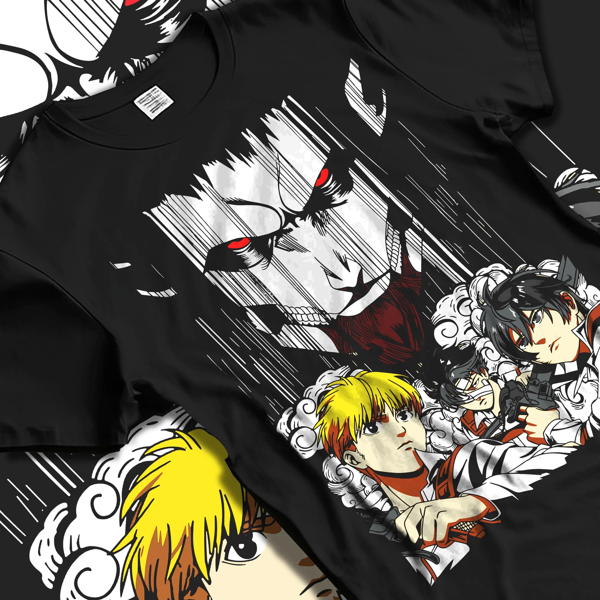 Black T-shirt laid flat with natural folds with Survey Corps Hoodie Attack on Titan Levi and Squad Team graphic premium wear.