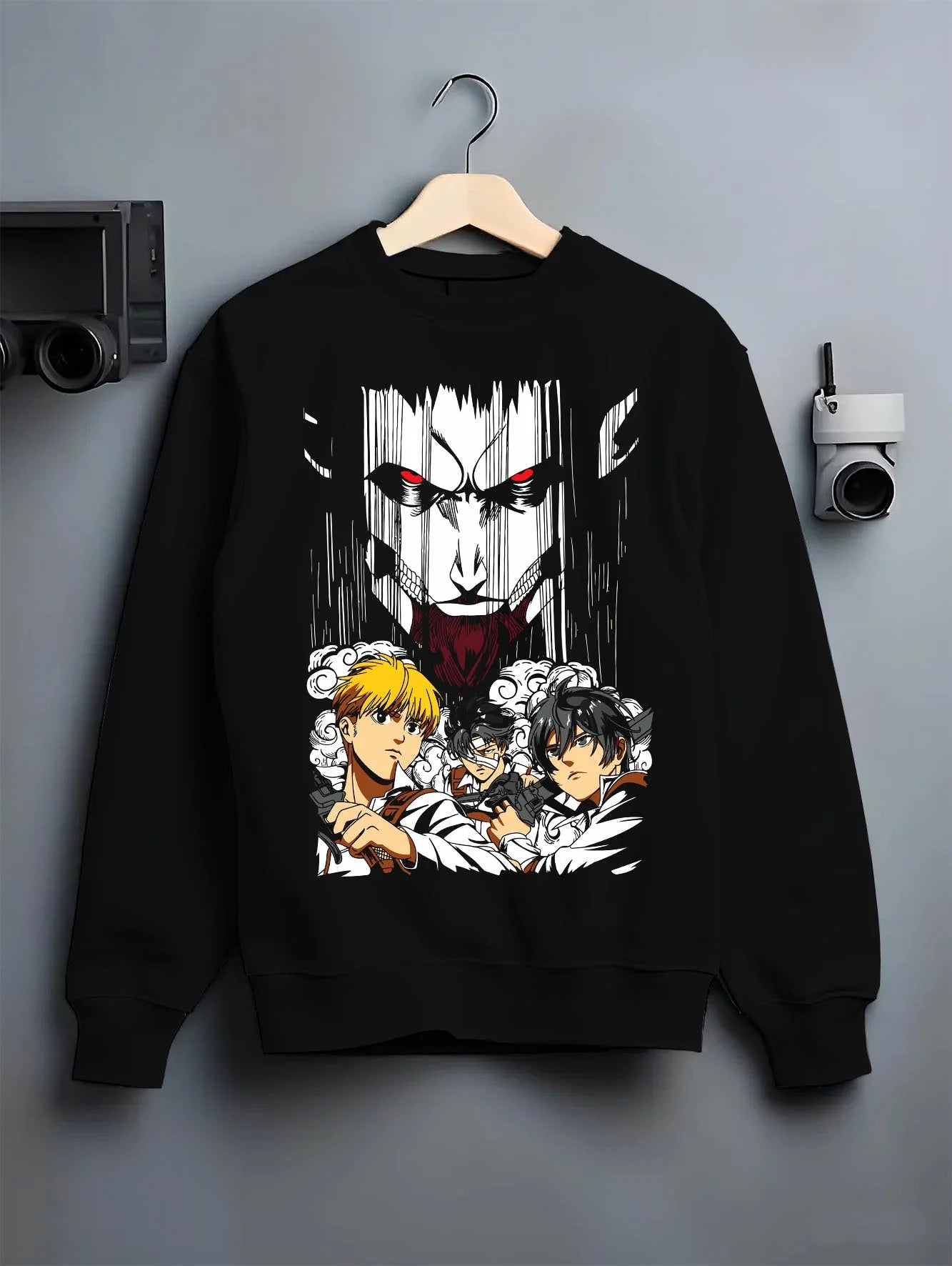 Black crewneck sweatshirt on hanger with Survey Corps Hoodie Attack on Titan Levi and Squad Team graphic bold anime graphic.