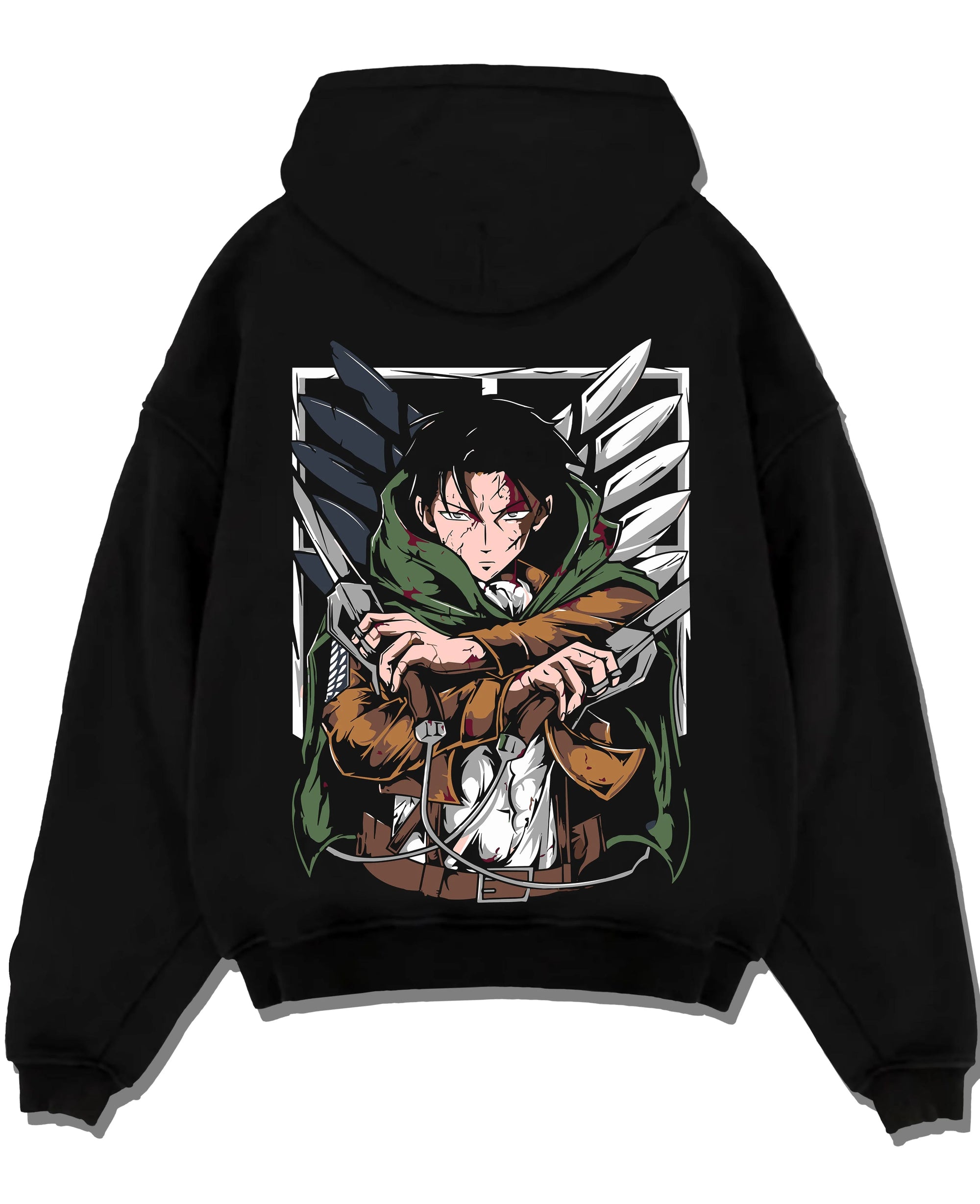 Black pullover hoodie laid flat with Levi Ackerman Hoodie Attack on Titan Green Cloak Battle graphic premium wear.