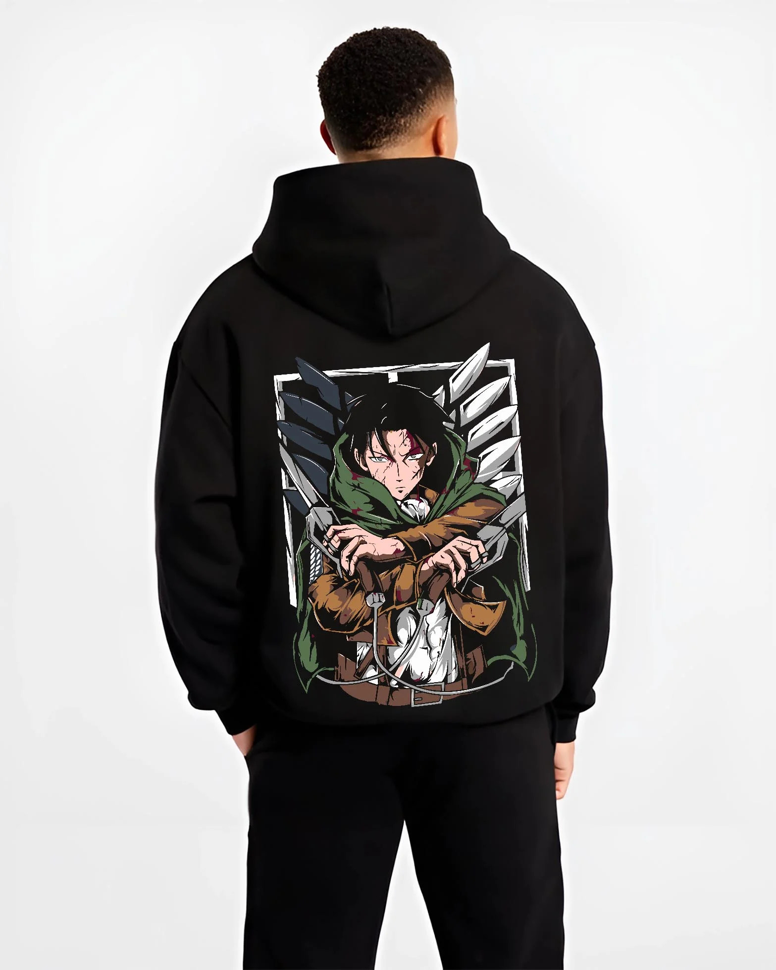 Black hoodie worn by male model, back view with Levi Ackerman Hoodie Attack on Titan Green Cloak Battle graphic premium wear.