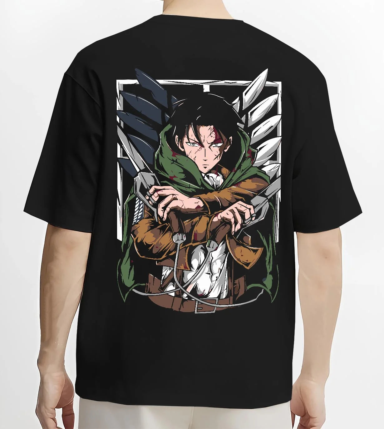 Black T-shirt worn by male model, back view with Levi Ackerman Hoodie Attack on Titan Green Cloak Battle graphic streetwear graphic.