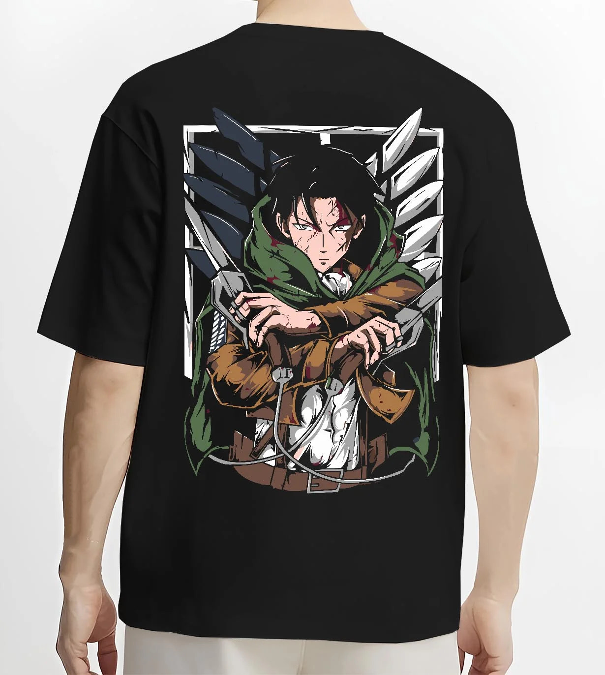 Black T-shirt worn by male model, back view with Levi Ackerman Hoodie Attack on Titan Green Cloak Battle graphic streetwear graphic.