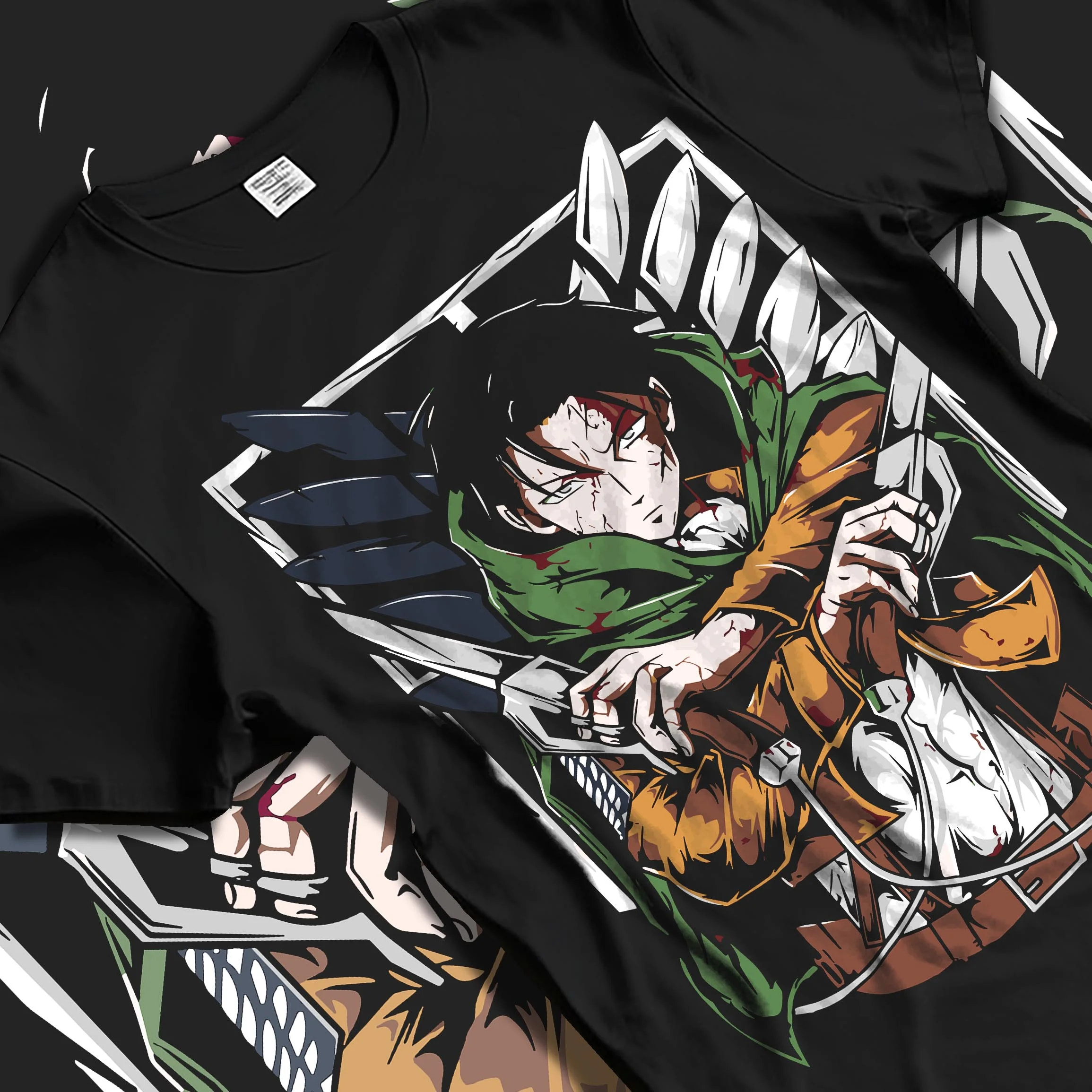 Black T-shirt laid flat with natural folds with Levi Ackerman Hoodie Attack on Titan Green Cloak Battle graphic premium wear.