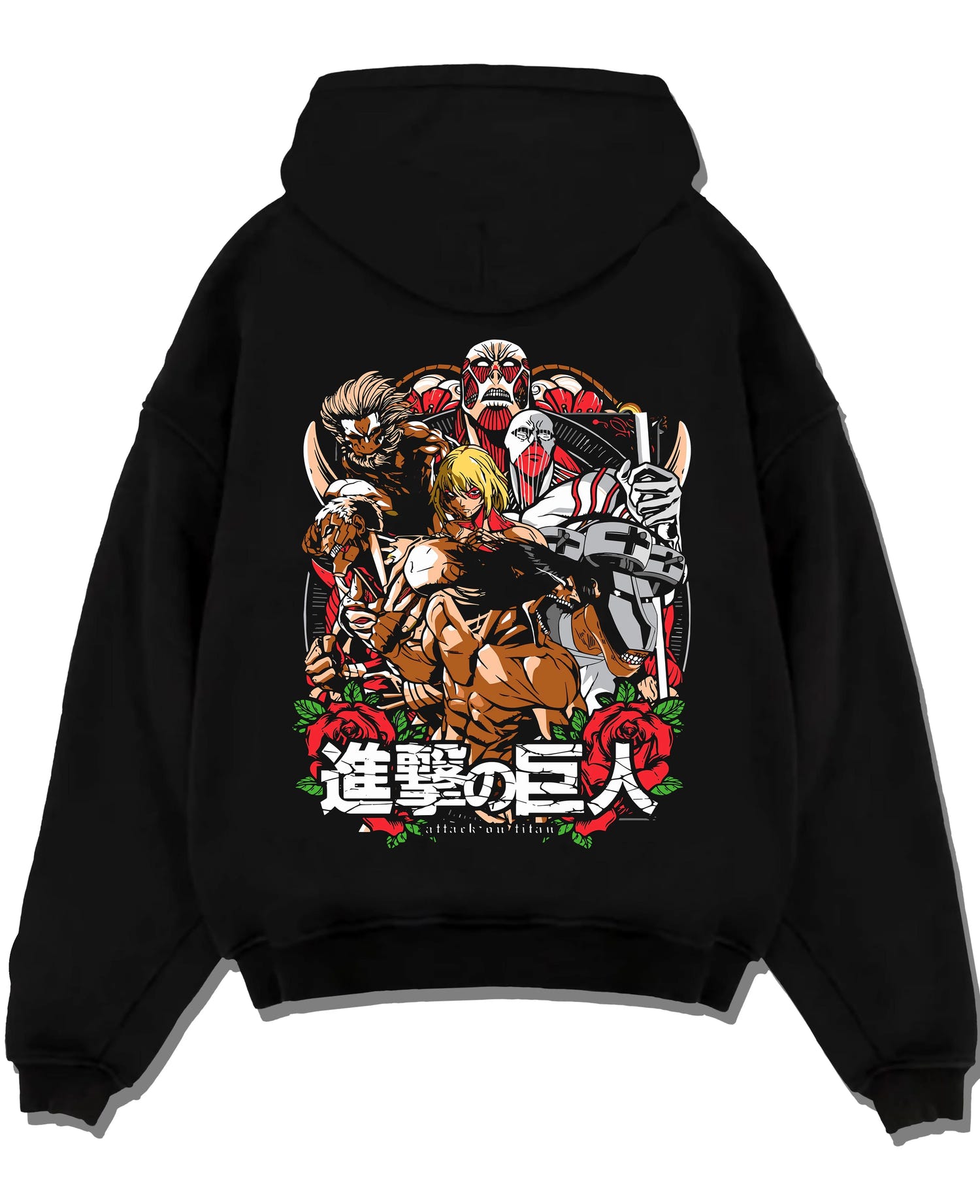 Black pullover hoodie laid flat with Attack on Titan Hoodie Final Season Battle Manga Panel graphic streetwear graphic.