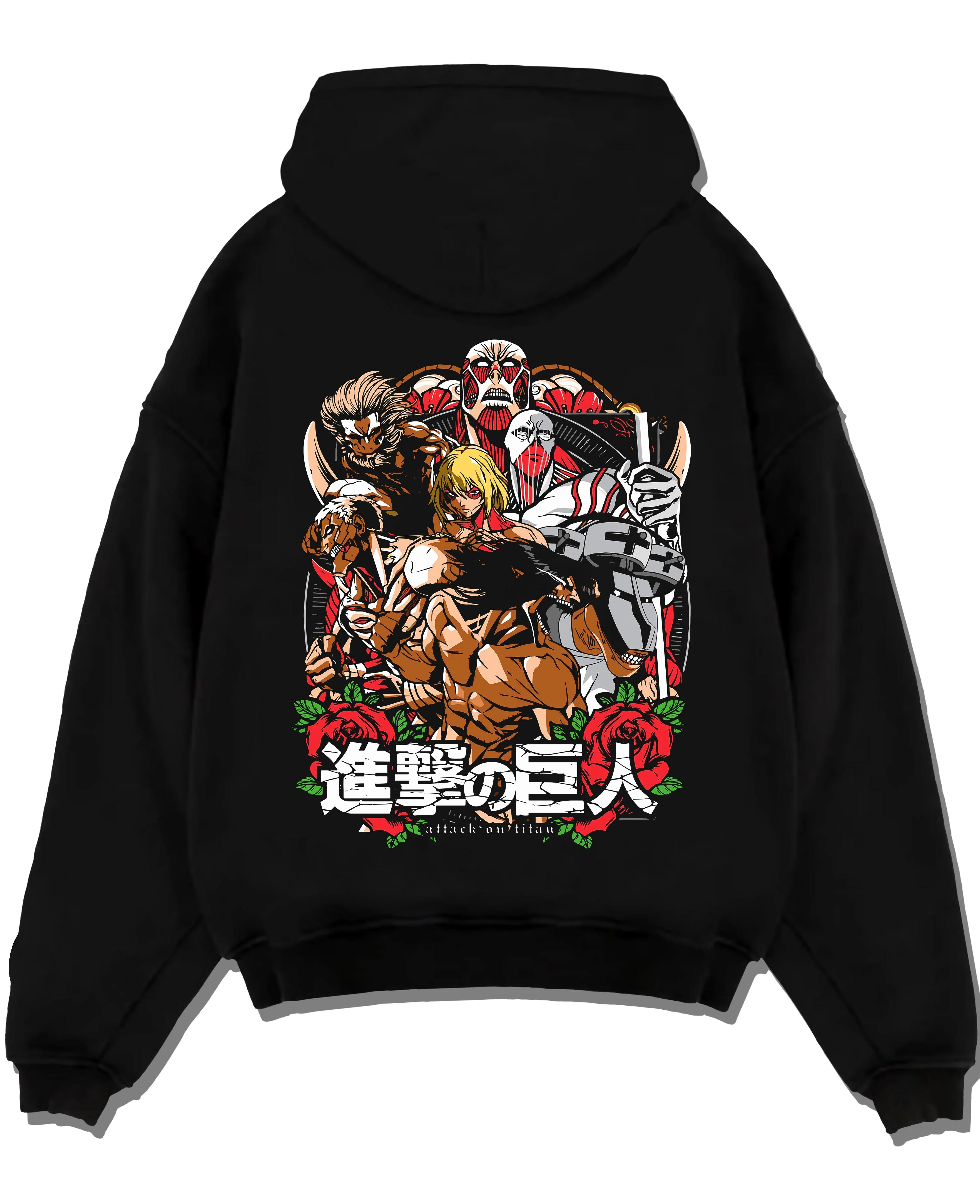 Black pullover hoodie laid flat with Attack on Titan Hoodie Final Season Battle Manga Panel graphic streetwear graphic.