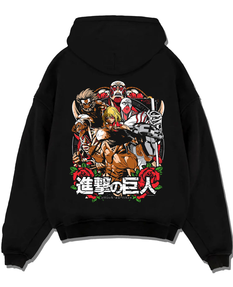 Black pullover hoodie laid flat with Attack on Titan Hoodie Final Season Battle Manga Panel graphic streetwear graphic.
