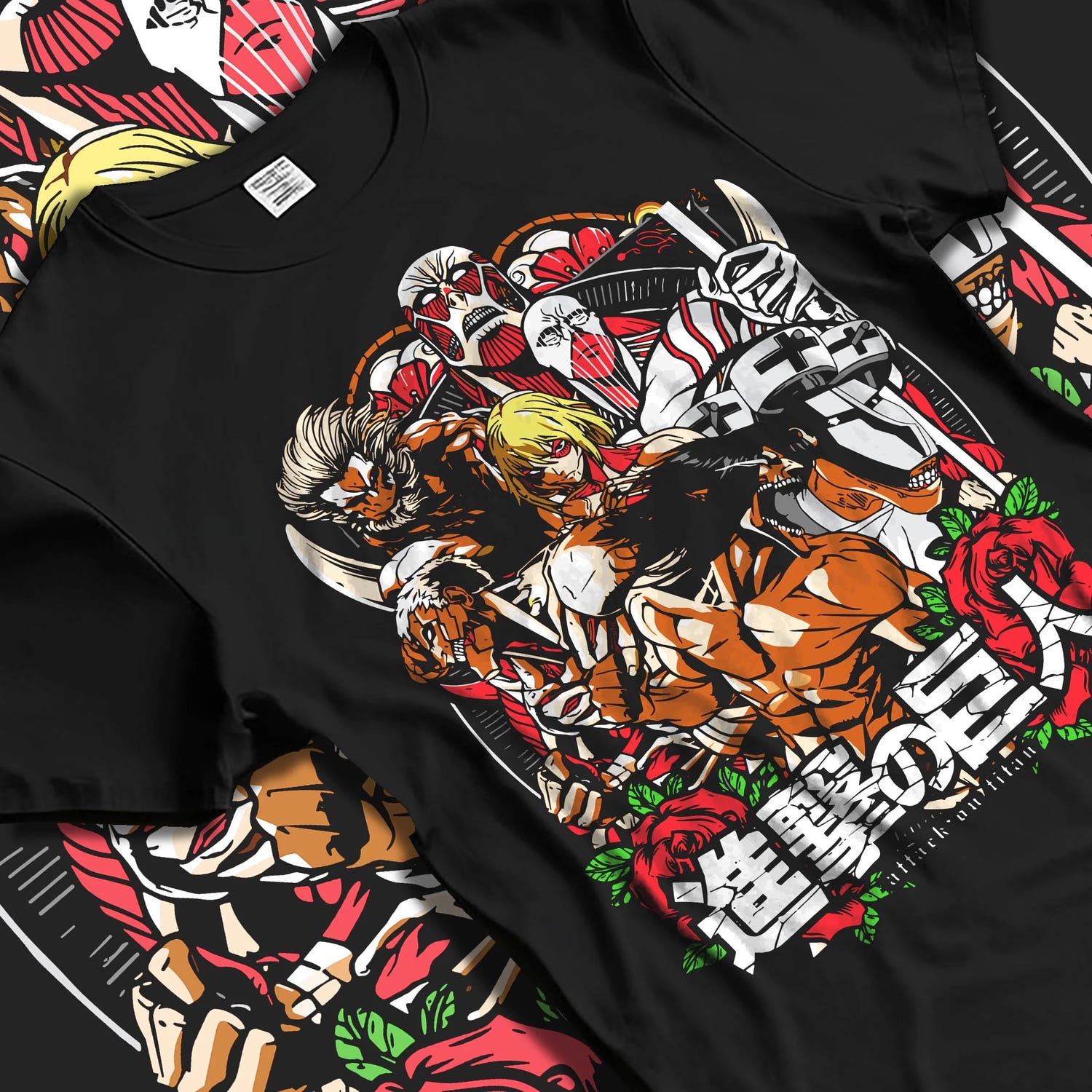 Black T-shirt laid flat with natural folds with Attack on Titan Hoodie Final Season Battle Manga Panel graphic streetwear graphic.