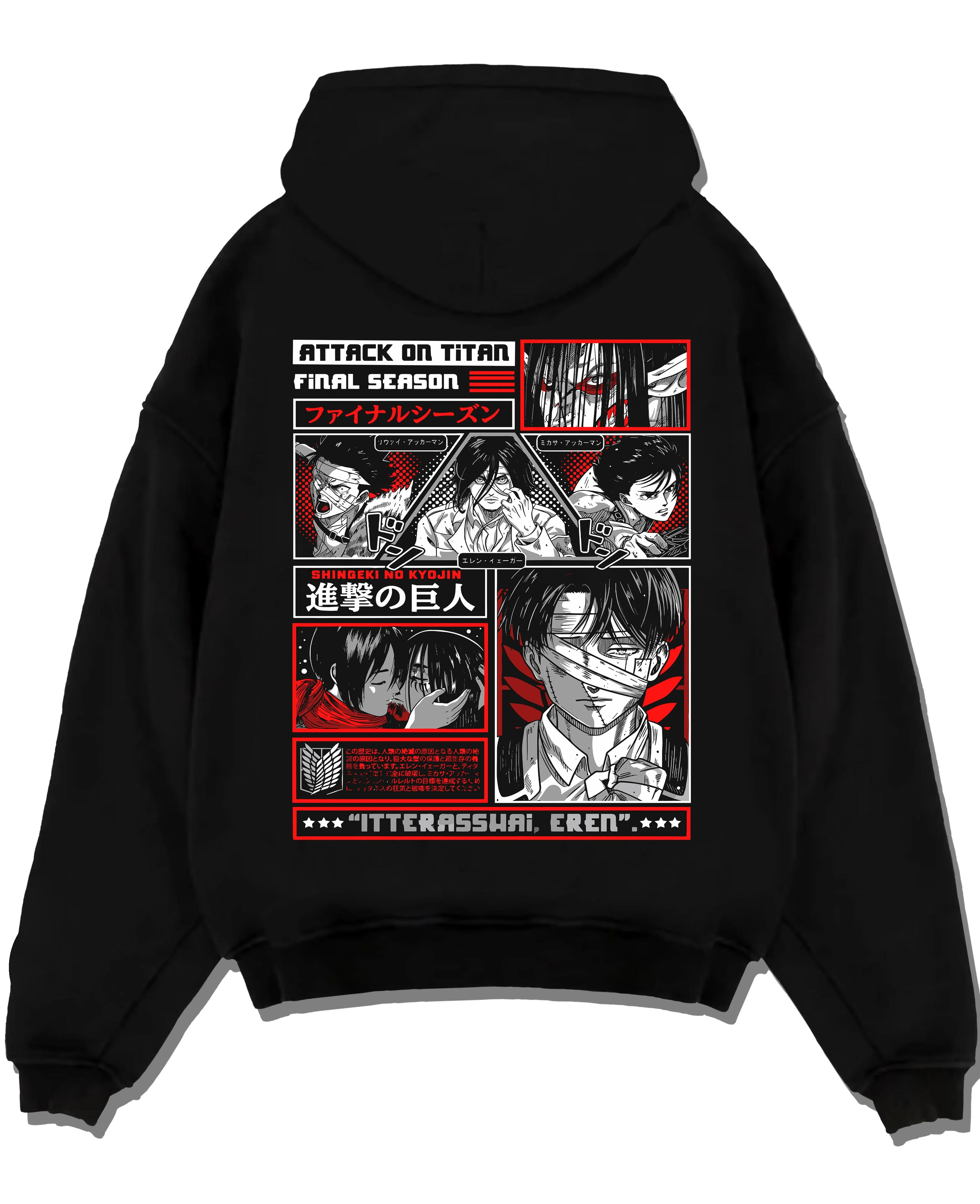 Black pullover hoodie laid flat with Attack on Titan Hoodie Season Poster Red Comic Collage graphic premium wear.