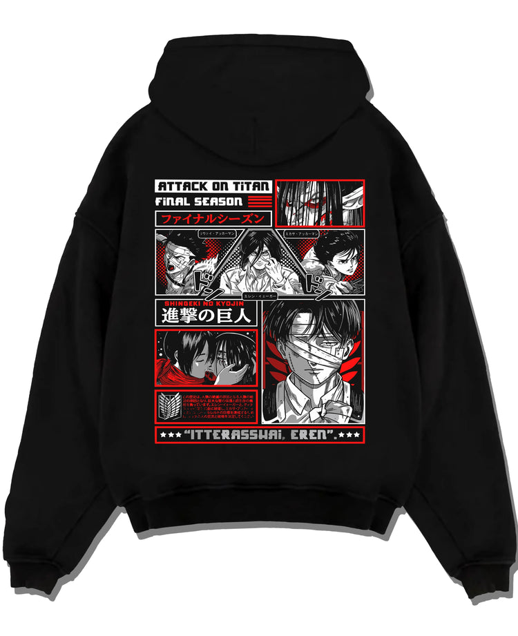 Black pullover hoodie laid flat with Attack on Titan Hoodie Season Poster Red Comic Collage graphic premium wear.