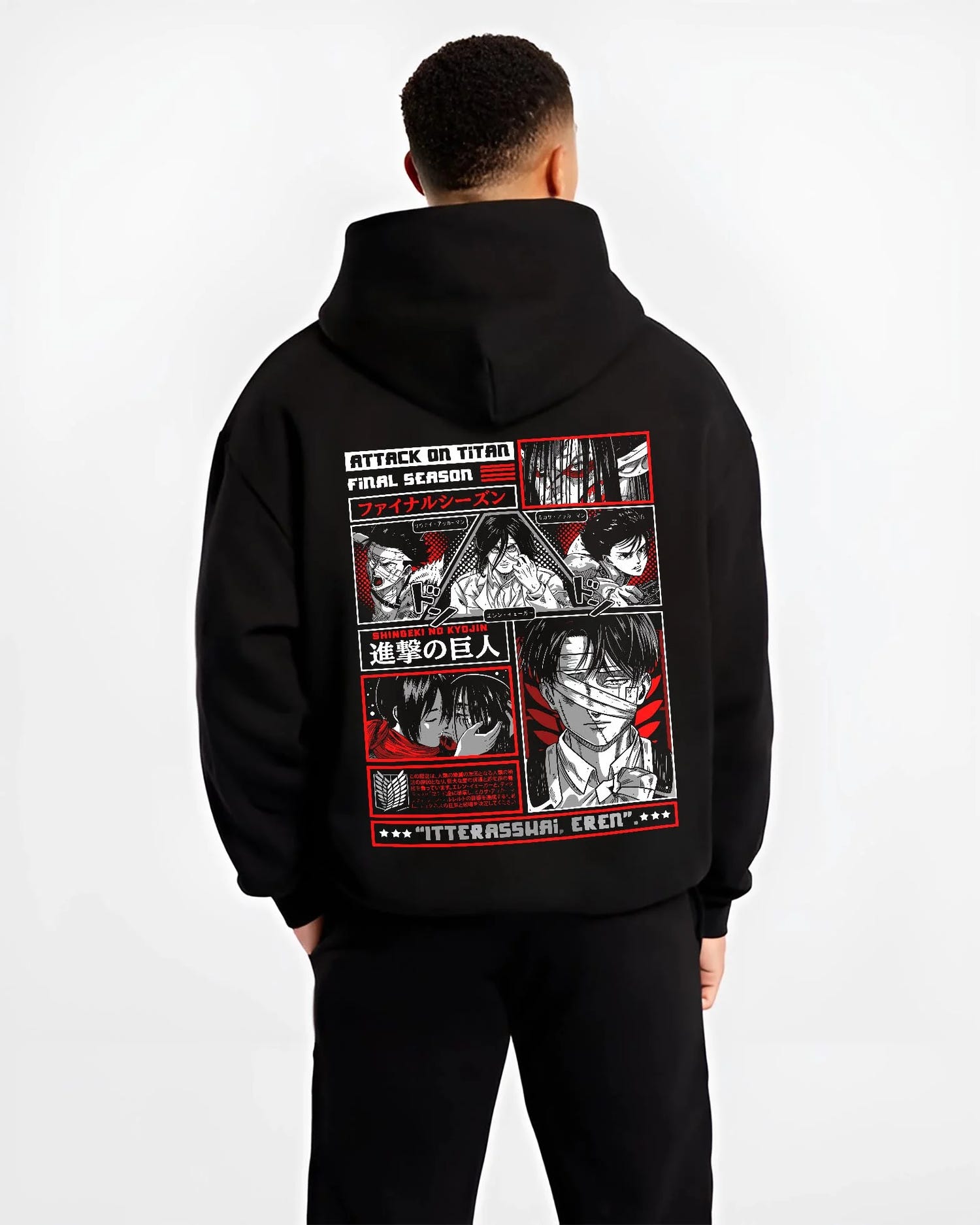 Black hoodie worn by male model, back view with Attack on Titan Hoodie Season Poster Red Comic Collage graphic bold anime graphic.