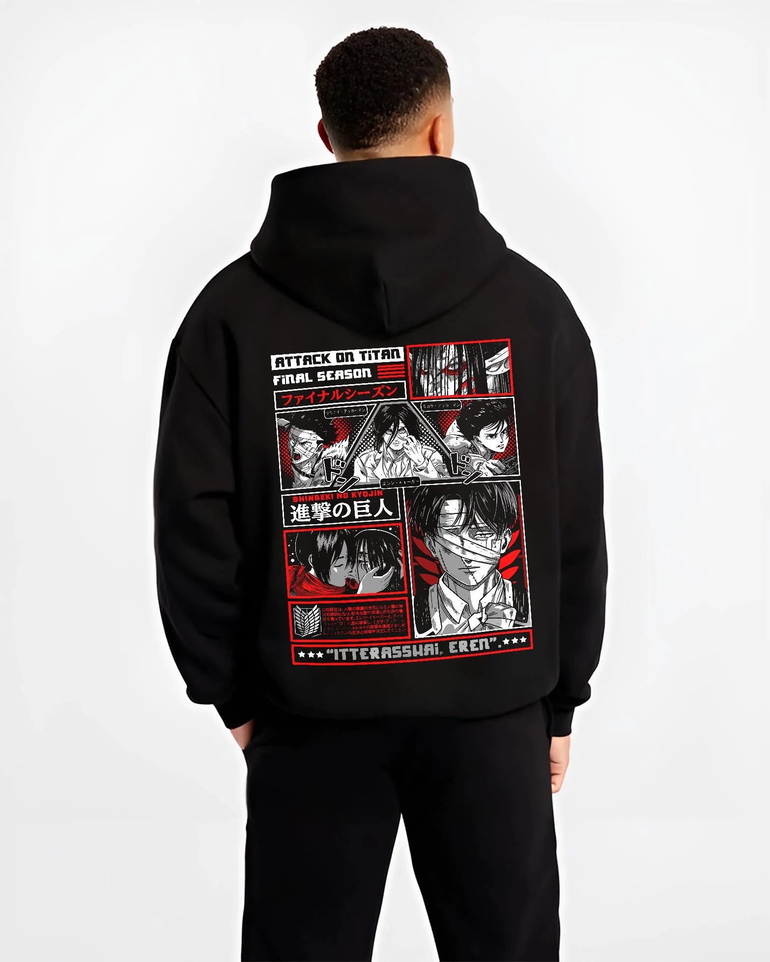 Black hoodie worn by male model, back view with Attack on Titan Hoodie Season Poster Red Comic Collage graphic bold anime graphic.