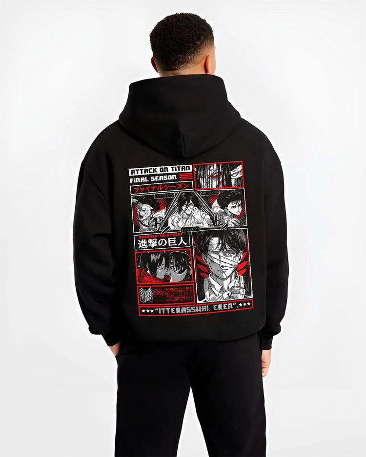 Black hoodie worn by male model, back view with Attack on Titan Hoodie Season Poster Red Comic Collage graphic bold anime graphic.
