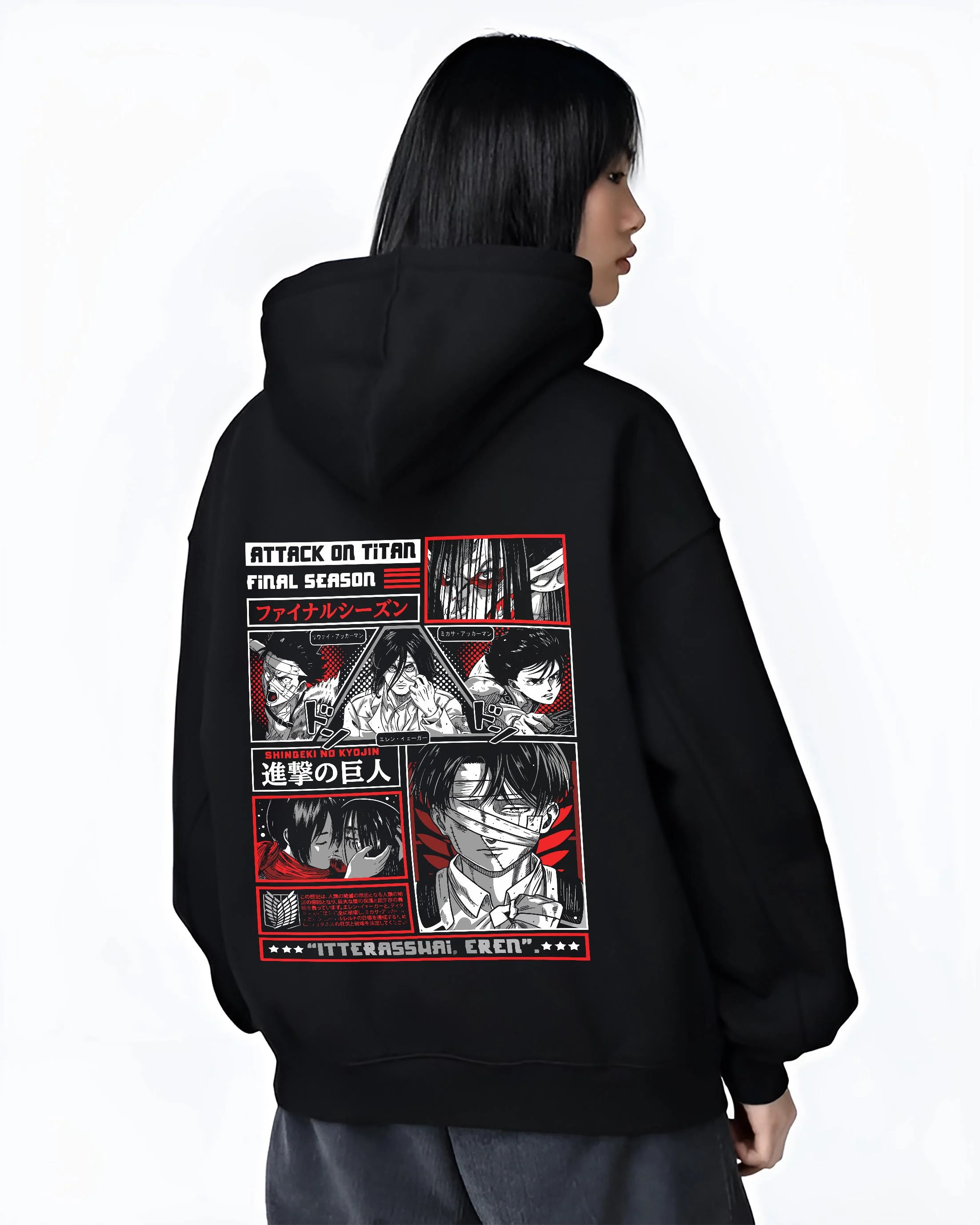 Black hoodie worn by female model, back view with Attack on Titan Hoodie Season Poster Red Comic Collage graphic streetwear graphic.
