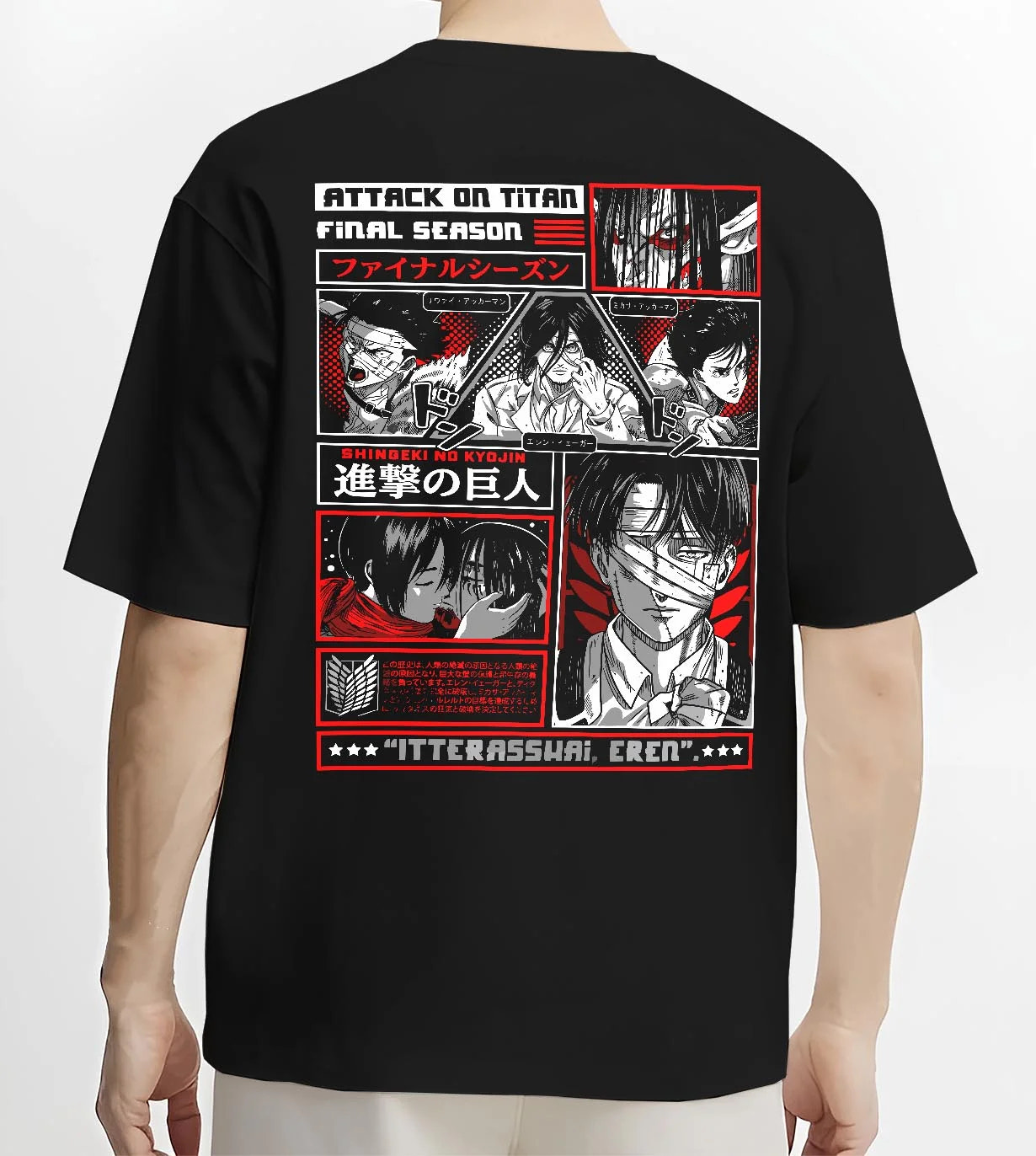 Black T-shirt worn by male model, back view with Attack on Titan Hoodie Season Poster Red Comic Collage graphic streetwear graphic.