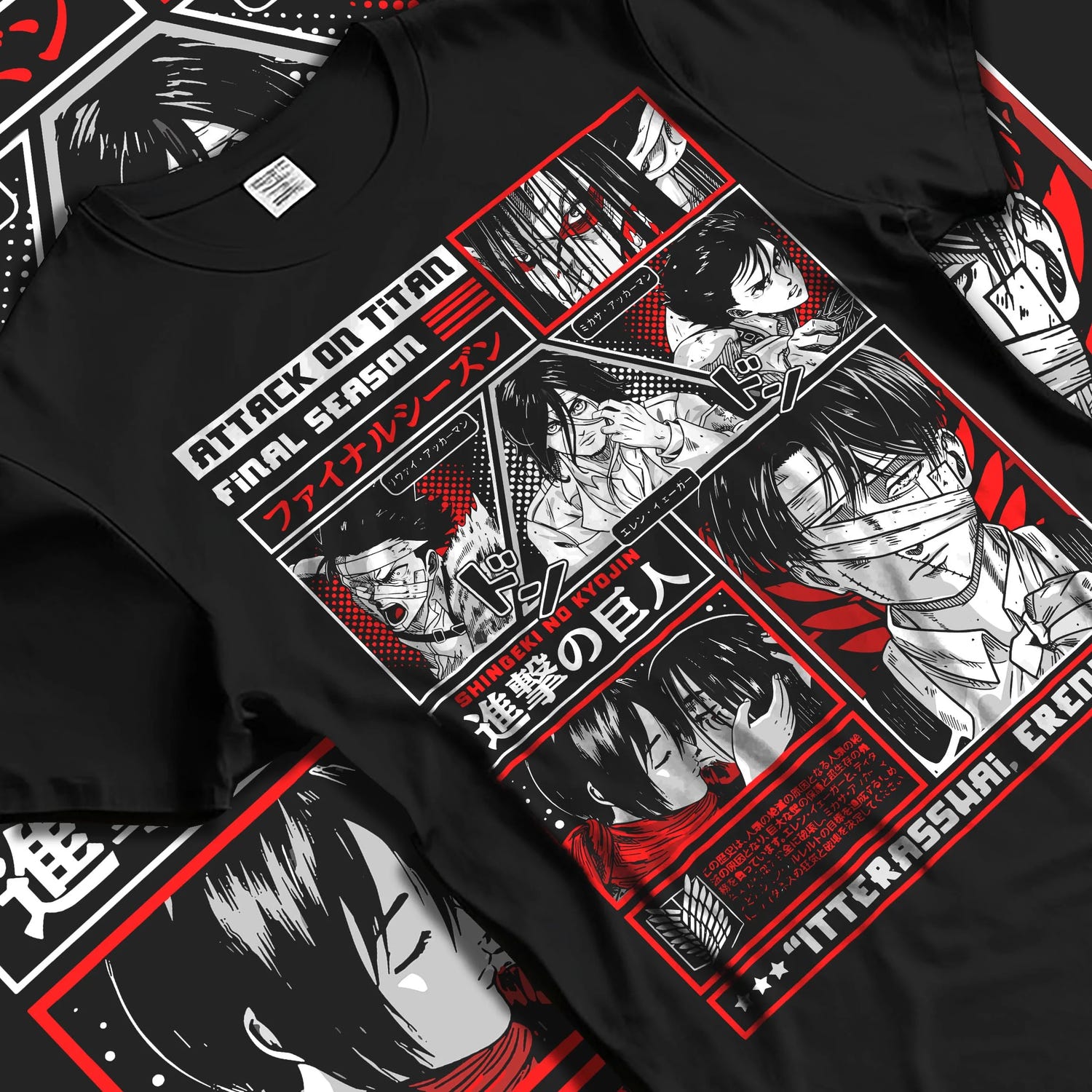 Black T-shirt laid flat with natural folds with Attack on Titan Hoodie Season Poster Red Comic Collage graphic bold anime graphic.