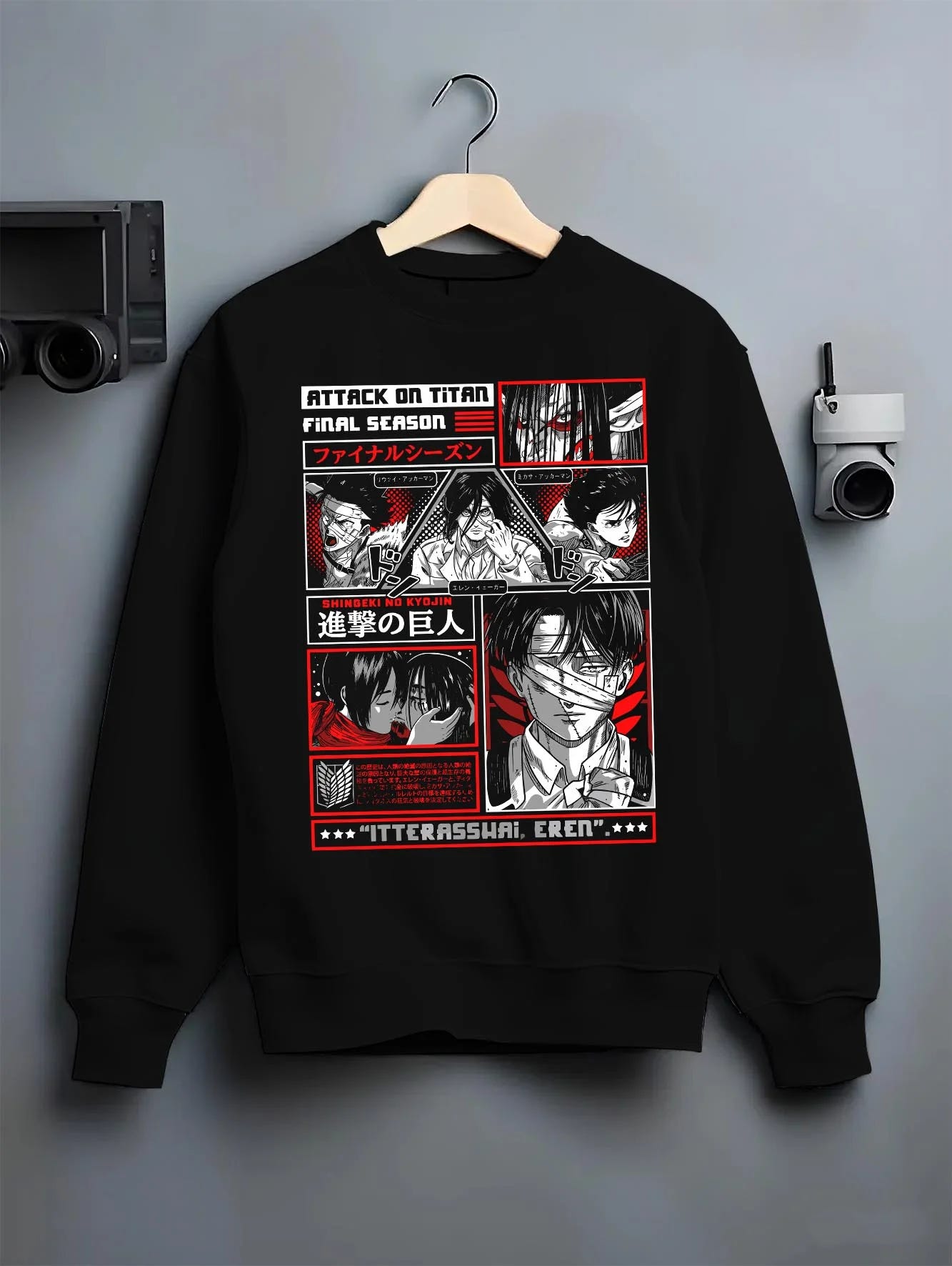 Black crewneck sweatshirt on hanger with Attack on Titan Hoodie Season Poster Red Comic Collage graphic premium wear.
