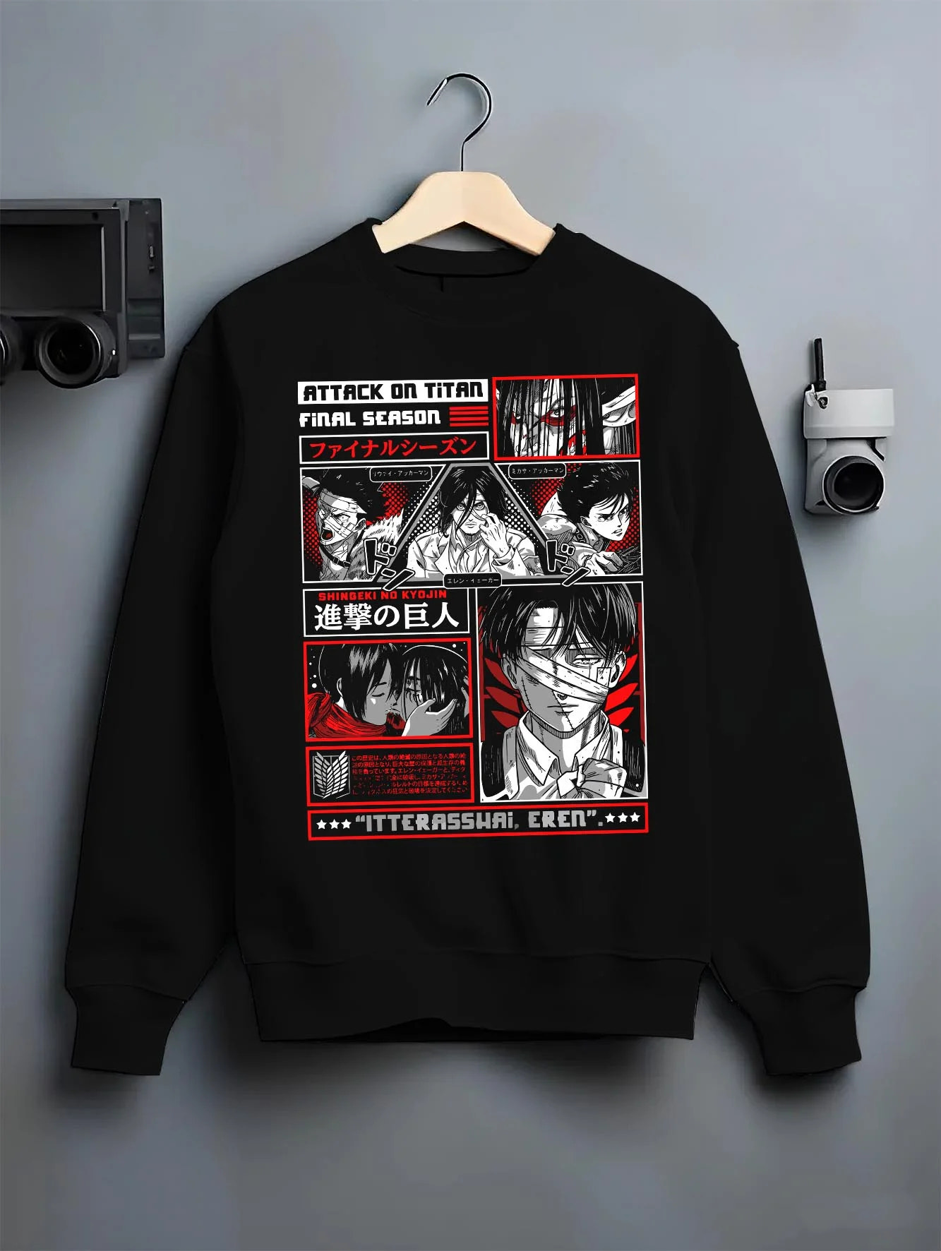 Black crewneck sweatshirt on hanger with Attack on Titan Hoodie Season Poster Red Comic Collage graphic premium wear.