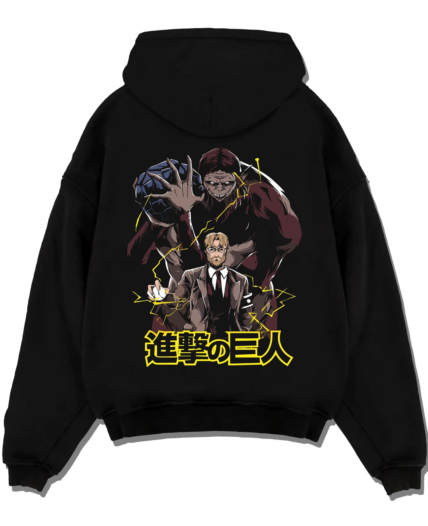 Black pullover hoodie laid flat with Zeke Yeager Hoodie Attack on Titan Beast Titan Control graphic streetwear graphic.
