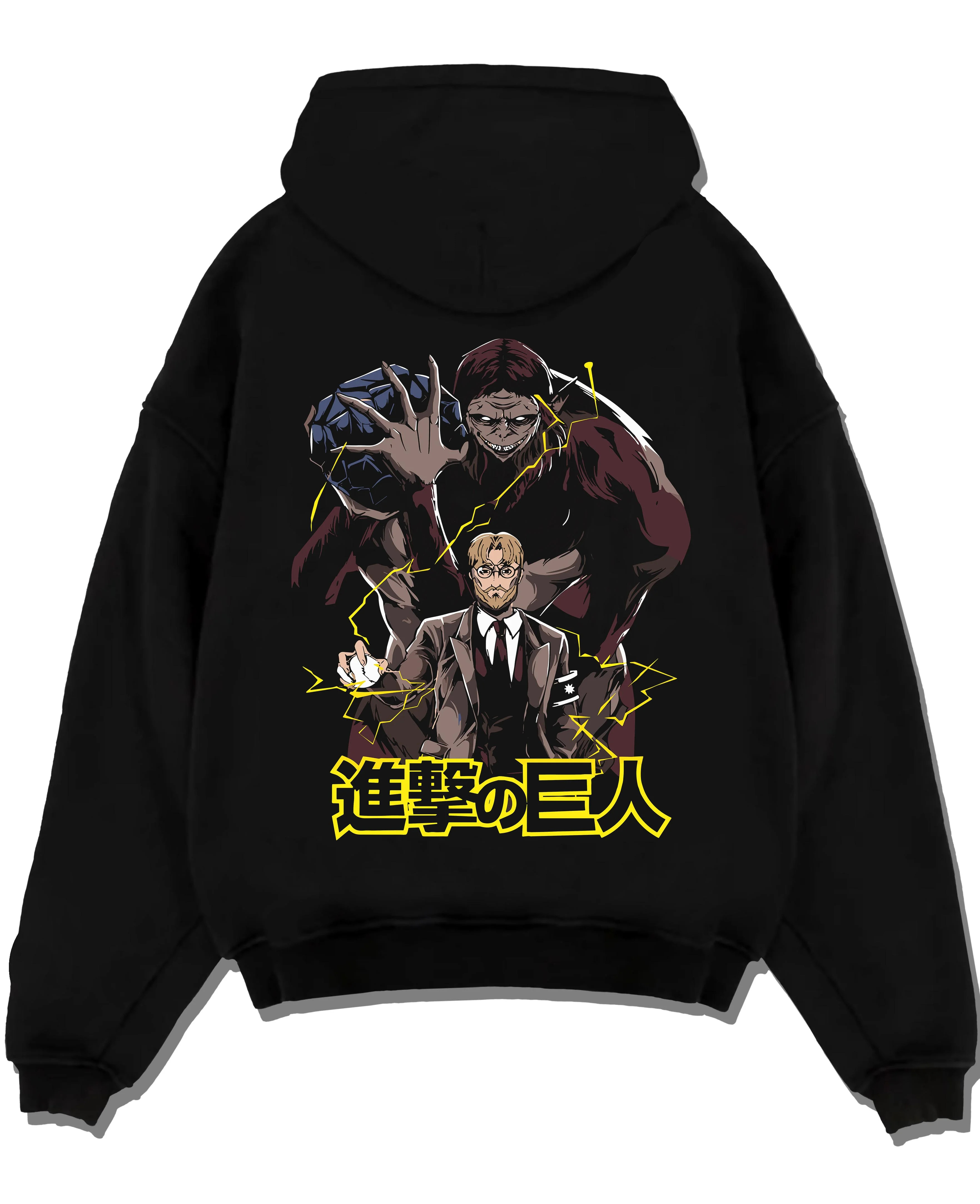 Black pullover hoodie laid flat with Zeke Yeager Hoodie Attack on Titan Beast Titan Control graphic streetwear graphic.