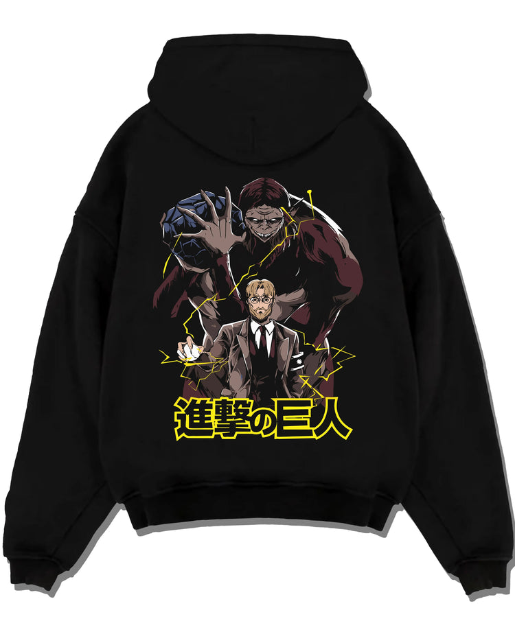 Black pullover hoodie laid flat with Zeke Yeager Hoodie Attack on Titan Beast Titan Control graphic streetwear graphic.