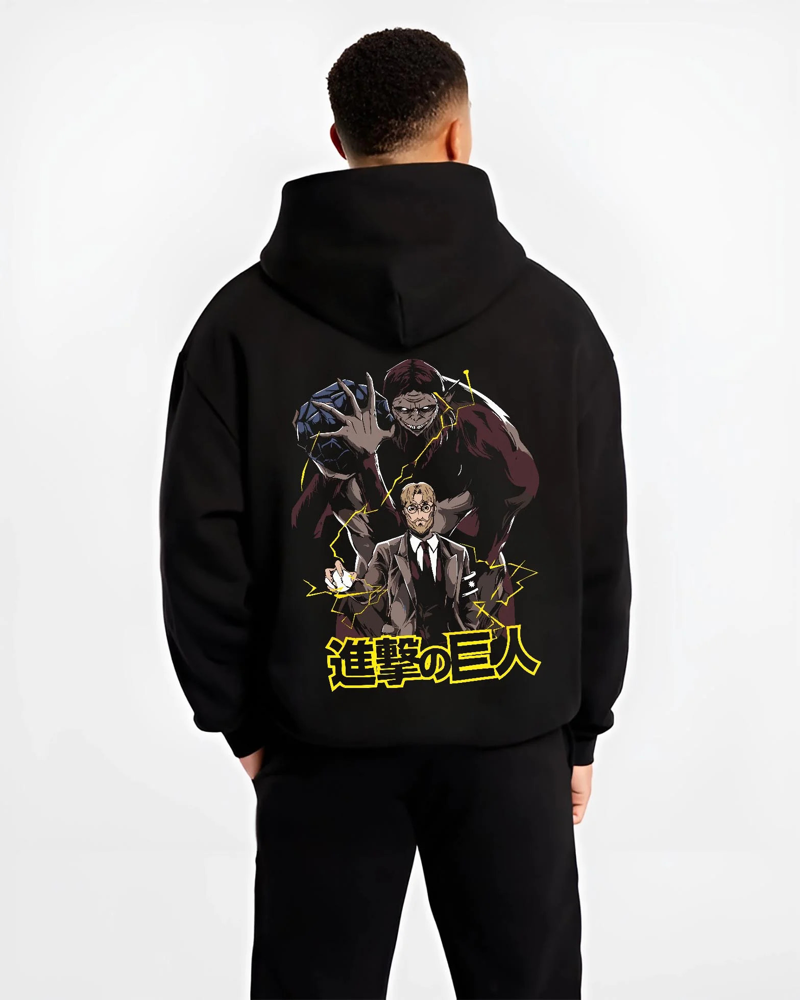 Black hoodie worn by male model, back view with Zeke Yeager Hoodie Attack on Titan Beast Titan Control graphic bold anime graphic.
