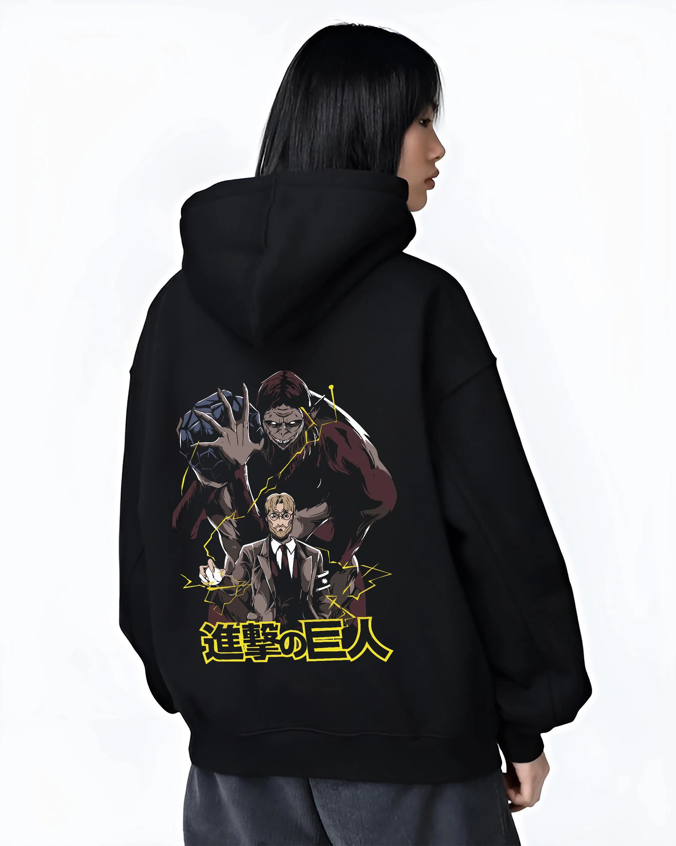 Black hoodie worn by female model, back view with Zeke Yeager Hoodie Attack on Titan Beast Titan Control graphic bold anime graphic.