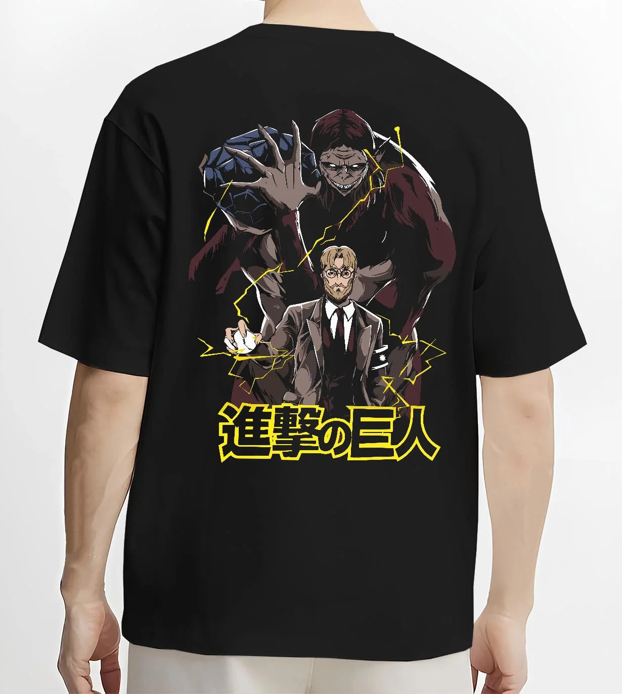 Black T-shirt worn by male model, back view with Zeke Yeager Hoodie Attack on Titan Beast Titan Control graphic bold anime graphic.