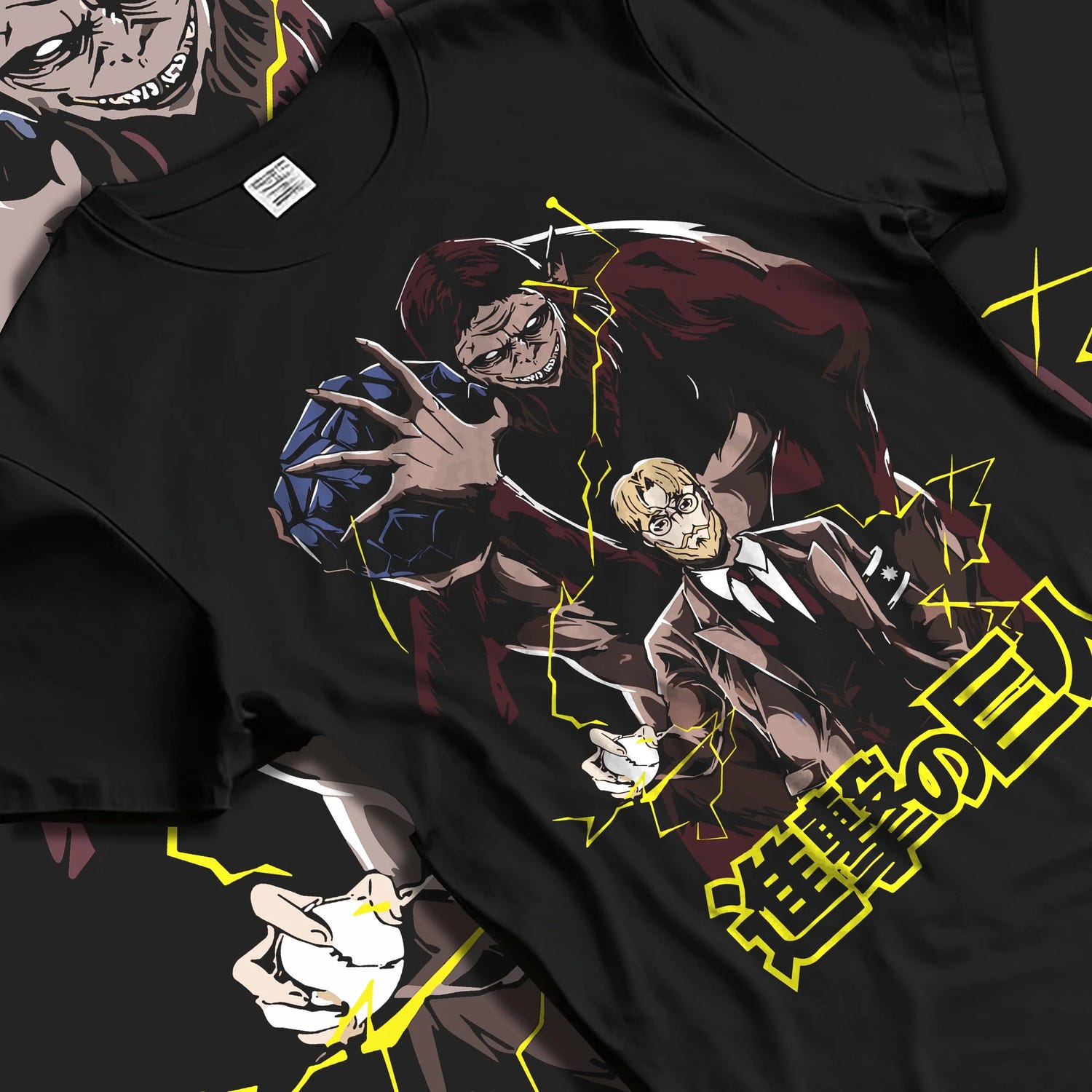 Black T-shirt laid flat with natural folds with Zeke Yeager Hoodie Attack on Titan Beast Titan Control graphic bold anime graphic.