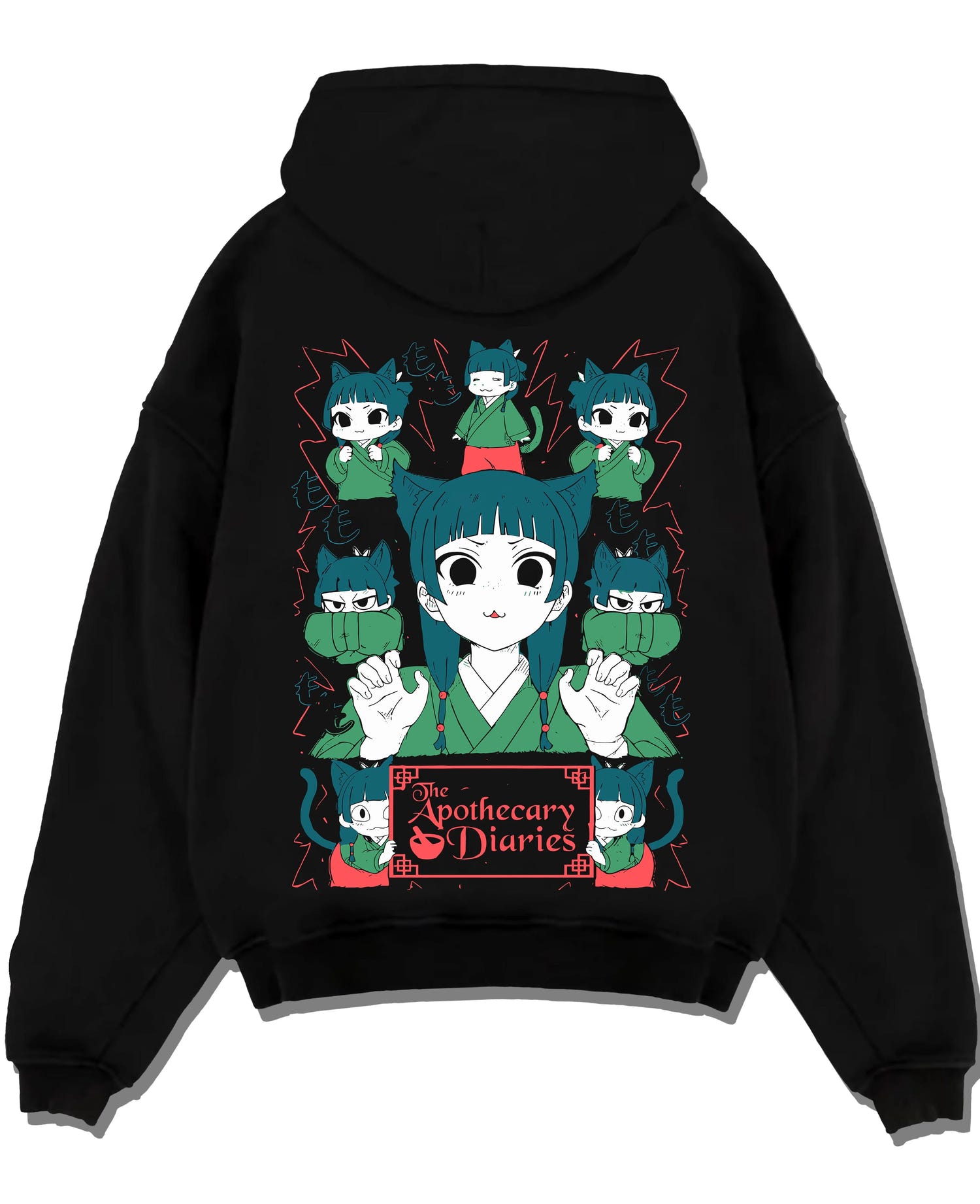 Black pullover hoodie laid flat with Apothecary Diaries Hoodie Maomao Green Poison Dolls graphic bold anime graphic.