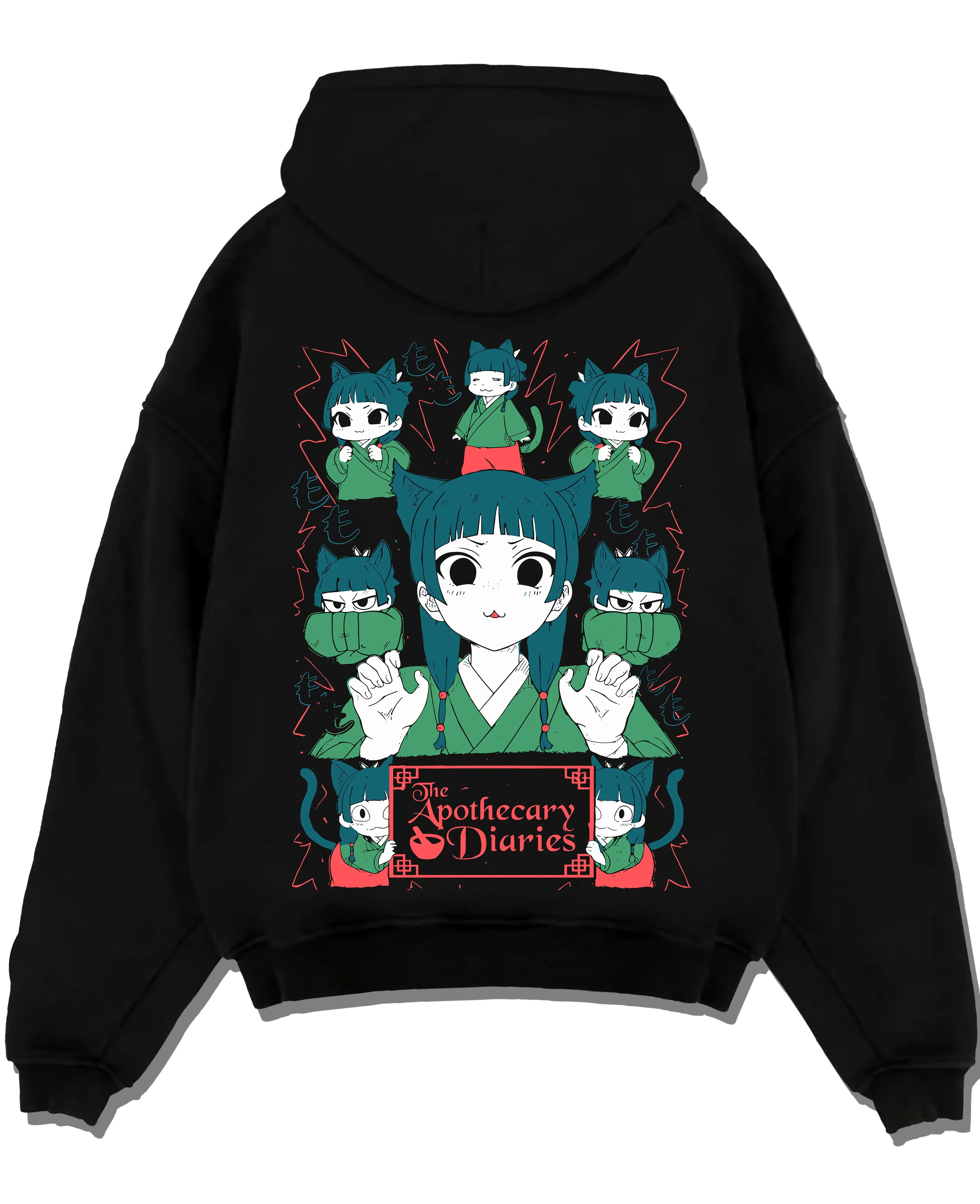 Black pullover hoodie laid flat with Apothecary Diaries Hoodie Maomao Green Poison Dolls graphic bold anime graphic.