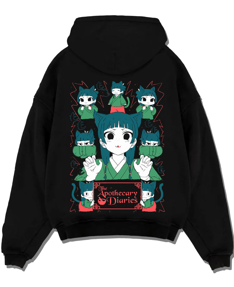 Black pullover hoodie laid flat with Apothecary Diaries Hoodie Maomao Green Poison Dolls graphic bold anime graphic.