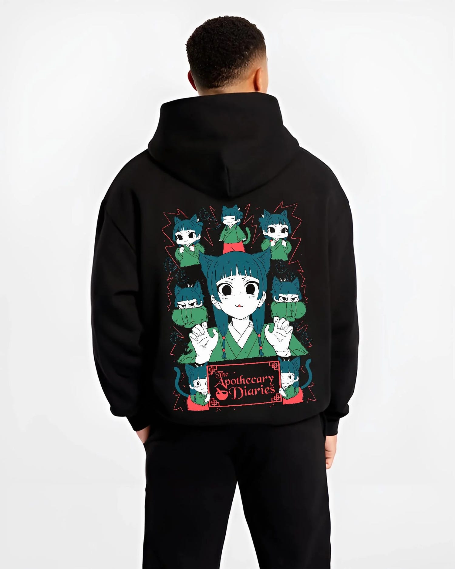 Black hoodie worn by male model, back view with Apothecary Diaries Hoodie Maomao Green Poison Dolls graphic bold anime graphic.