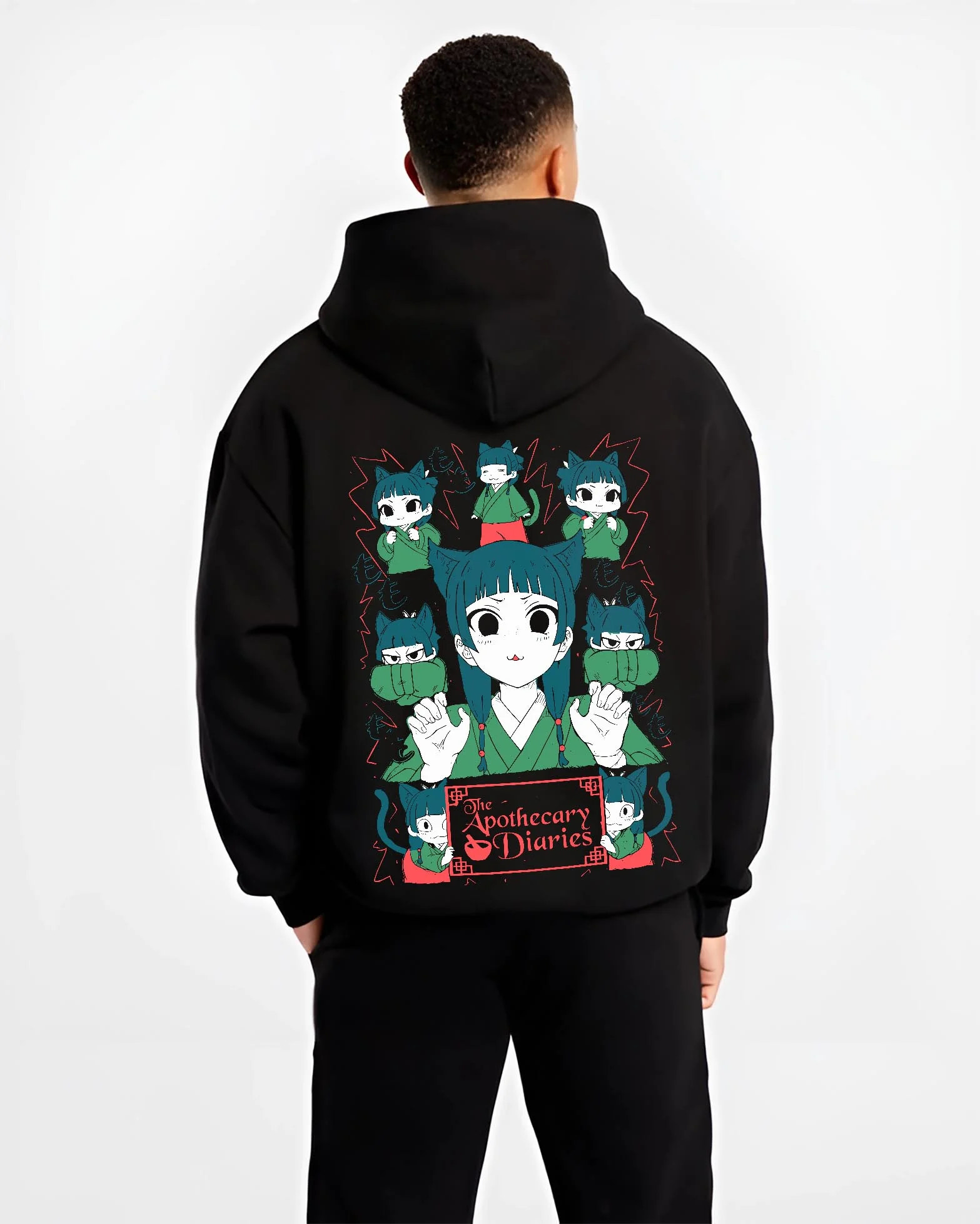 Black hoodie worn by male model, back view with Apothecary Diaries Hoodie Maomao Green Poison Dolls graphic bold anime graphic.