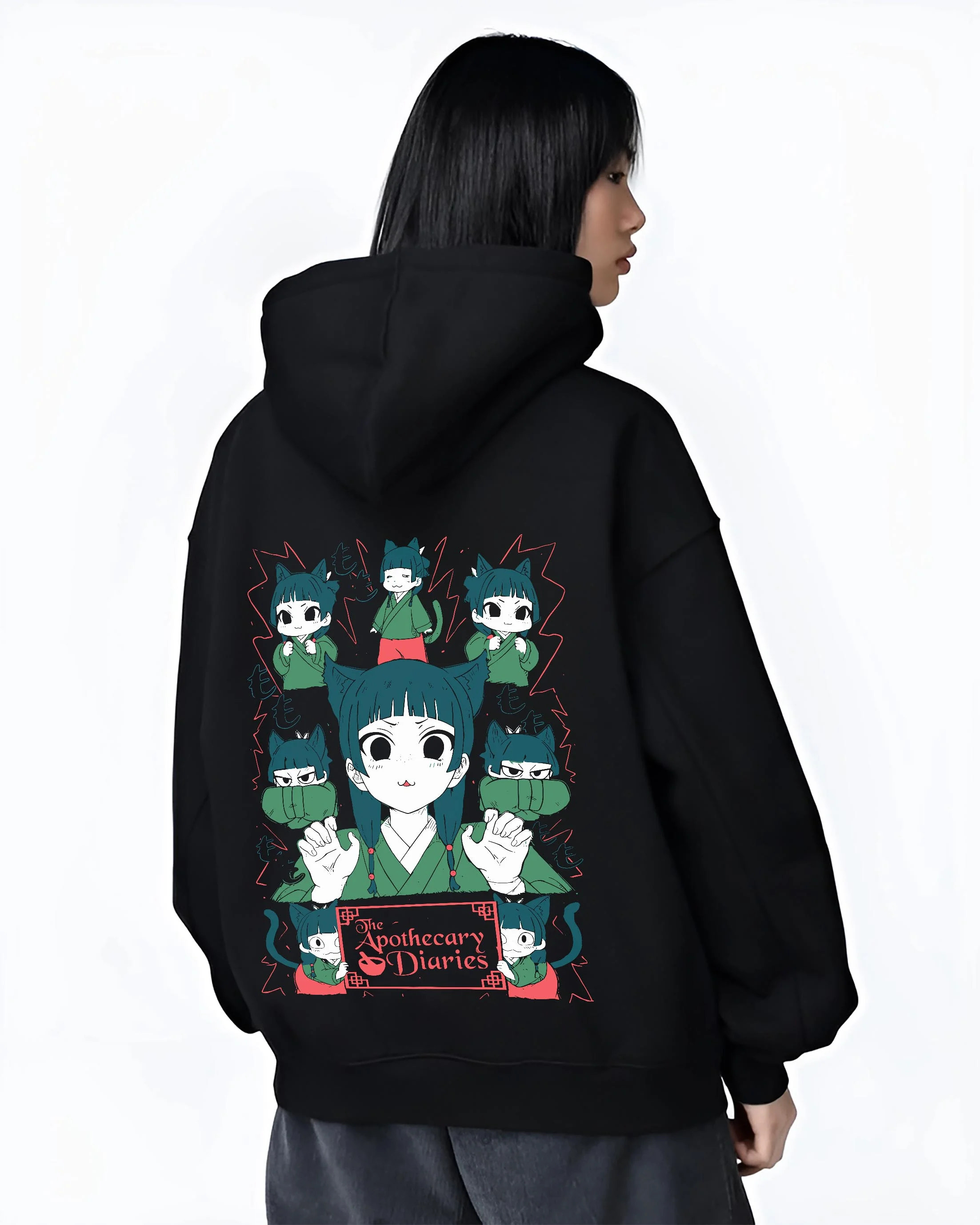 Black hoodie worn by female model, back view with Apothecary Diaries Hoodie Maomao Green Poison Dolls graphic streetwear graphic.