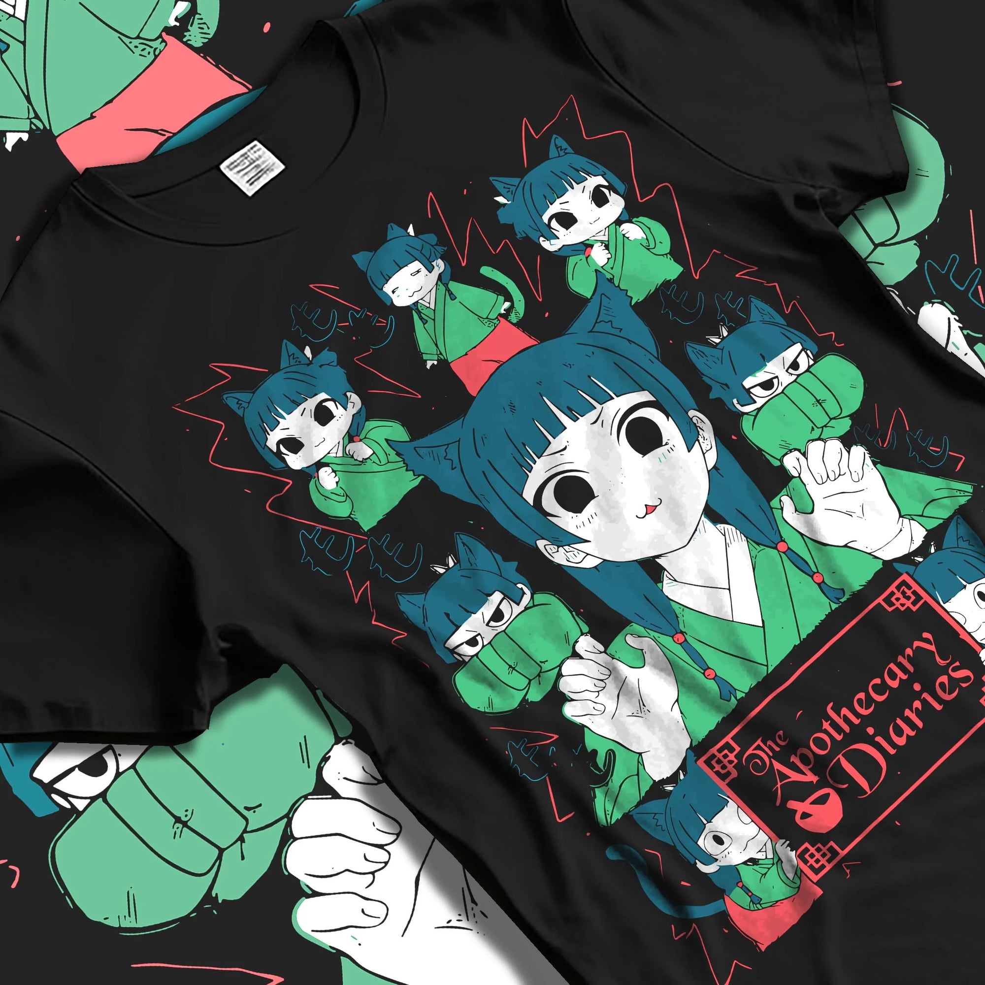 Black T-shirt laid flat with natural folds with Apothecary Diaries Hoodie Maomao Green Poison Dolls graphic bold anime graphic.