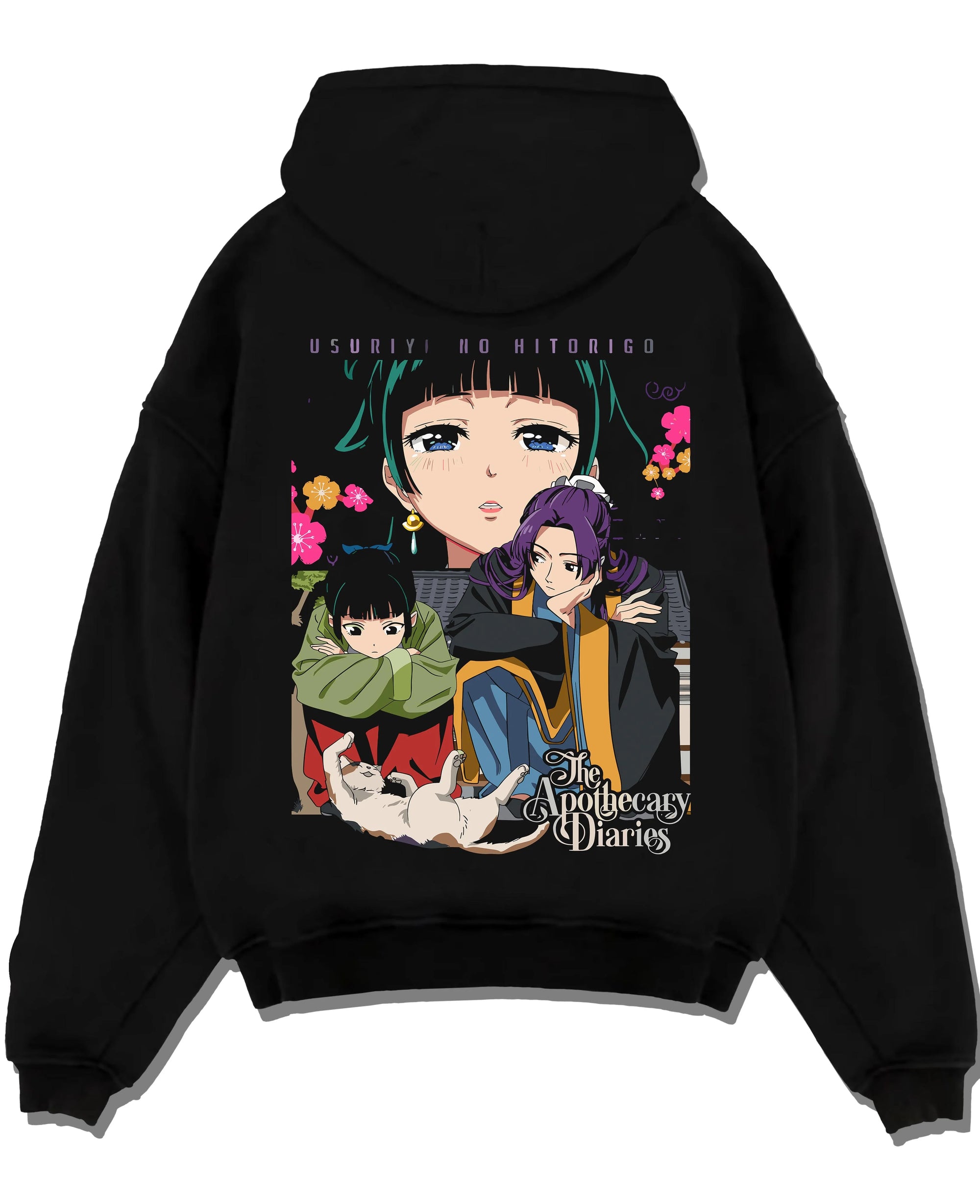 Black pullover hoodie laid flat with Apothecary Diaries Hoodie Jinshi and Maomao Duo Scene graphic streetwear graphic.