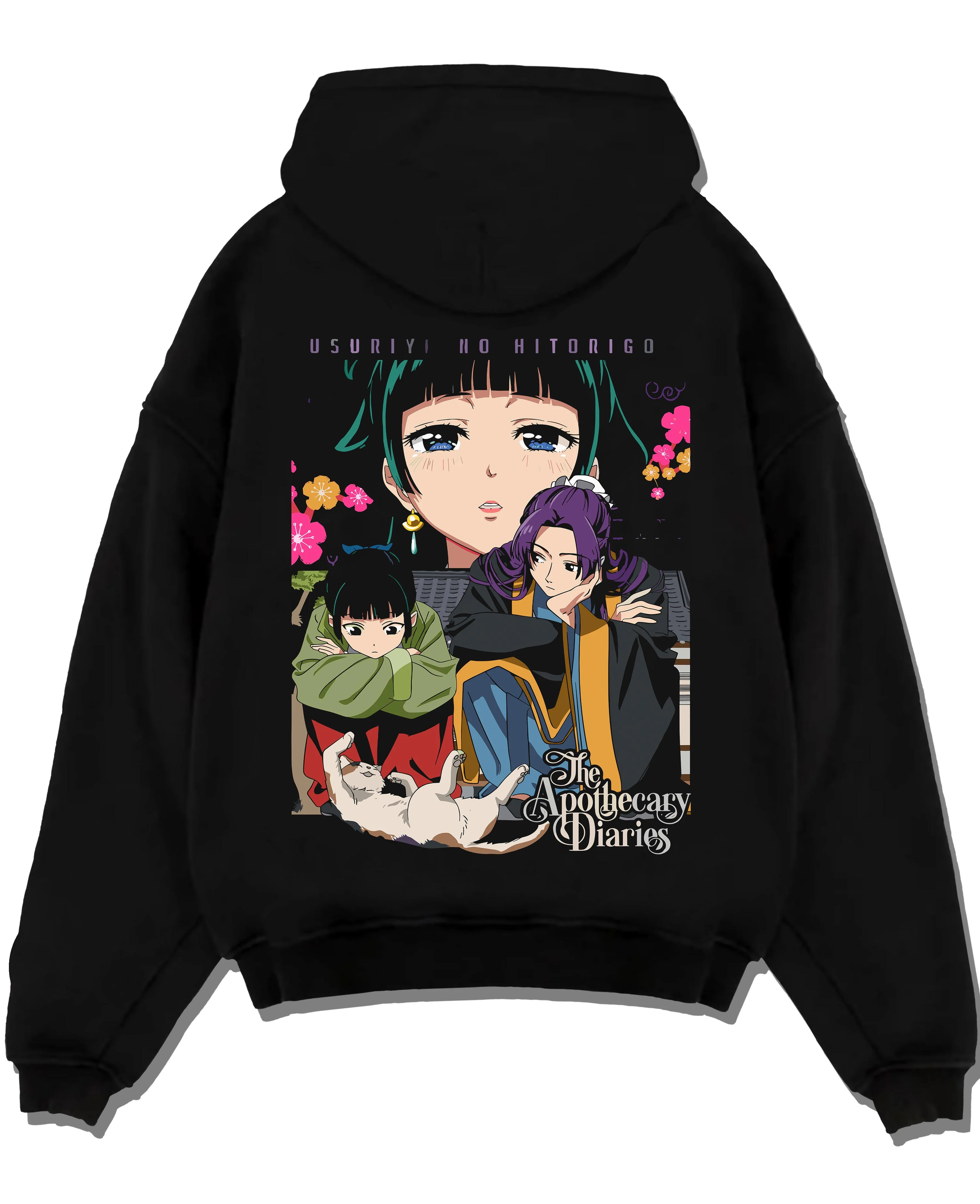 Black pullover hoodie laid flat with Apothecary Diaries Hoodie Jinshi and Maomao Duo Scene graphic streetwear graphic.