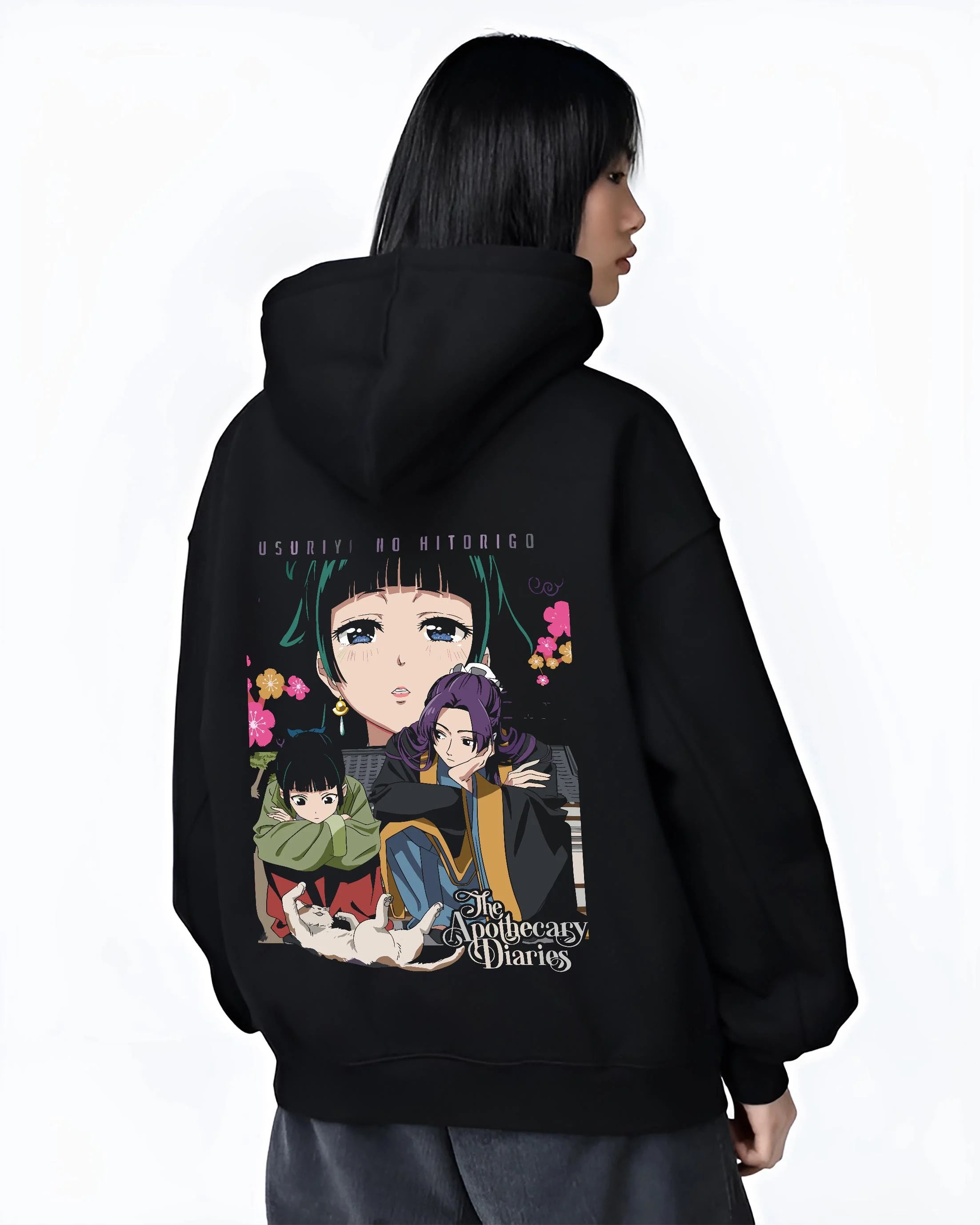Black hoodie worn by female model, back view with Apothecary Diaries Hoodie Jinshi and Maomao Duo Scene graphic premium wear.