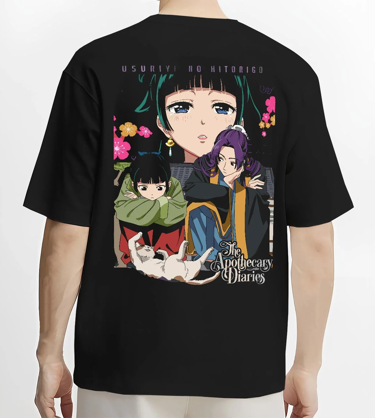 Black T-shirt worn by male model, back view with Apothecary Diaries Hoodie Jinshi and Maomao Duo Scene graphic bold anime graphic.