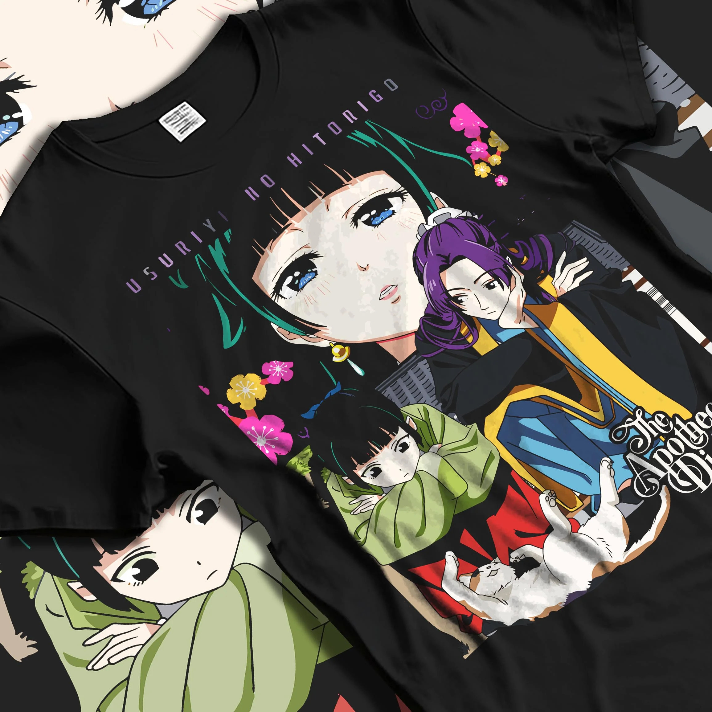 Black T-shirt laid flat with natural folds with Apothecary Diaries Hoodie Jinshi and Maomao Duo Scene graphic premium wear.