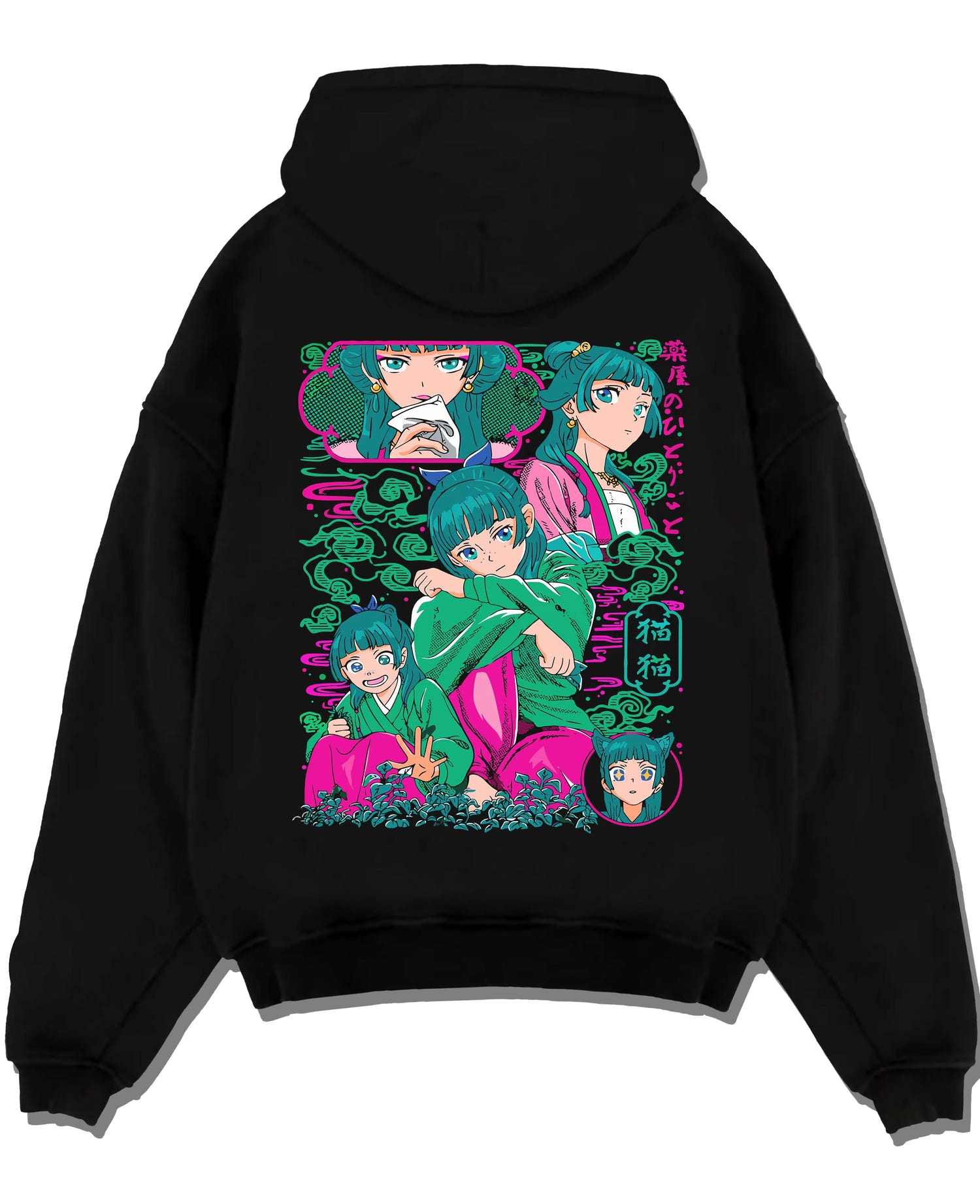 Black pullover hoodie laid flat with Apothecary Diaries Hoodie Maomao Pink Hair Trio Panel graphic Maomao anime design.