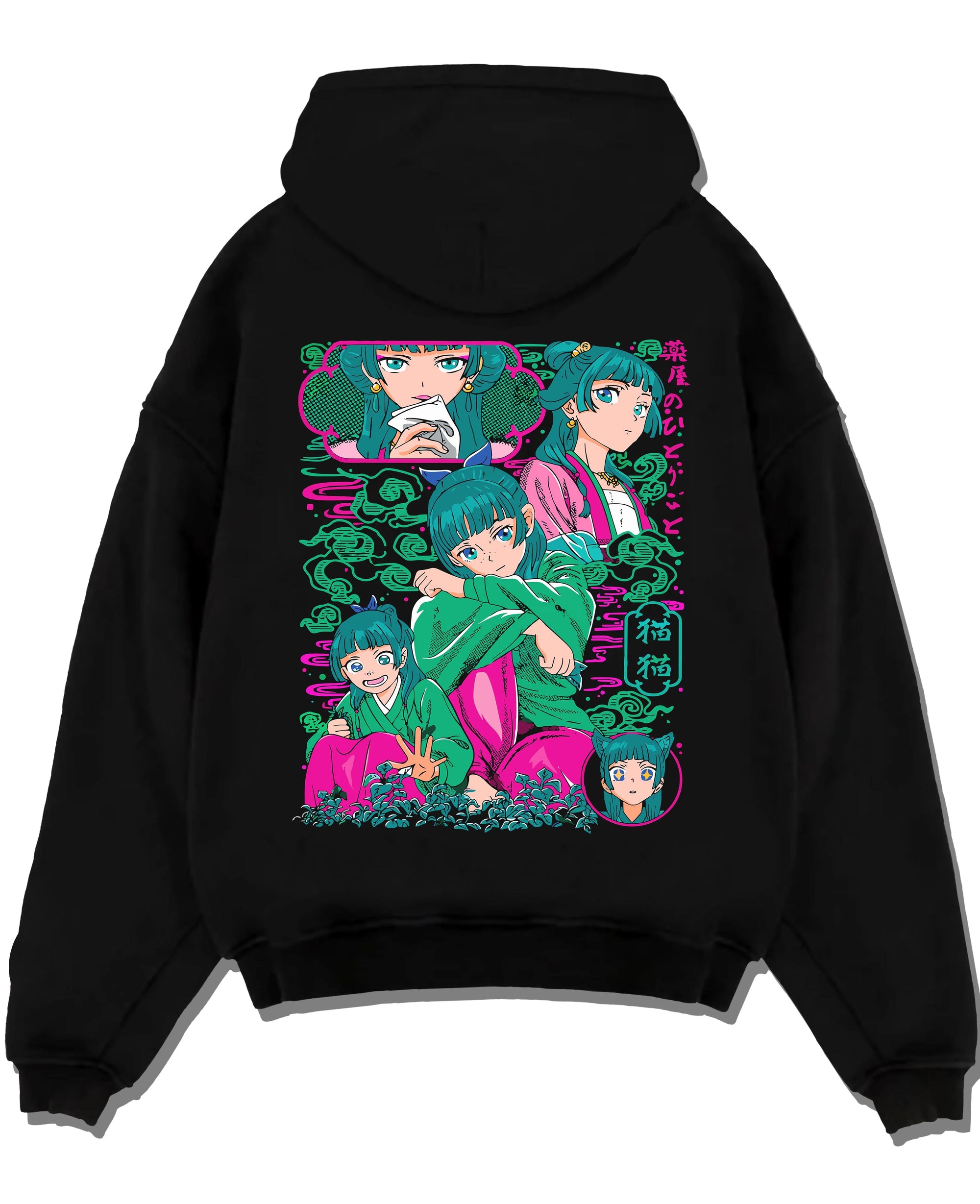 Black pullover hoodie laid flat with Apothecary Diaries Hoodie Maomao Pink Hair Trio Panel graphic Maomao anime design.