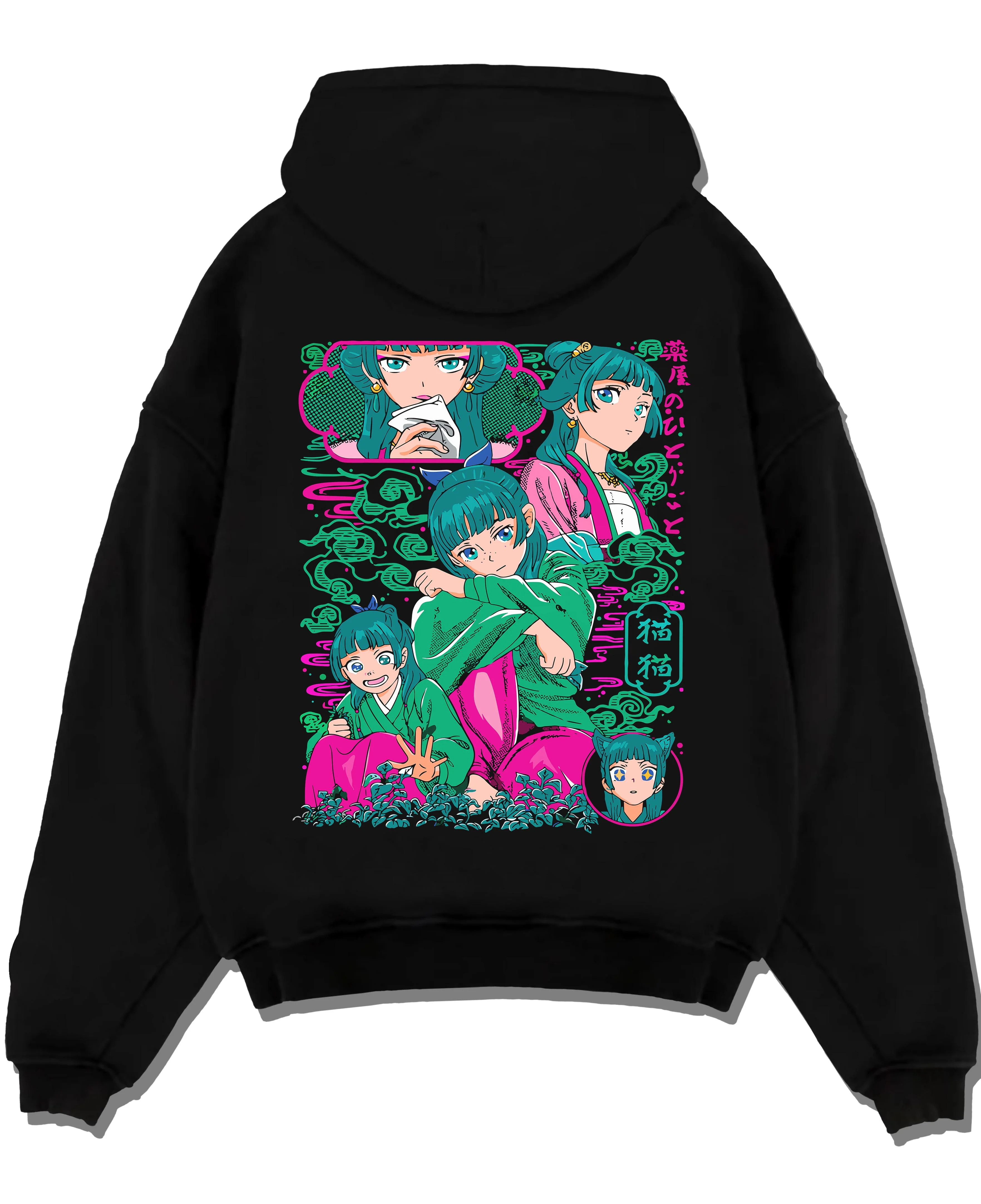 Black pullover hoodie laid flat with Apothecary Diaries Hoodie Maomao Pink Hair Trio Panel graphic Maomao anime design.