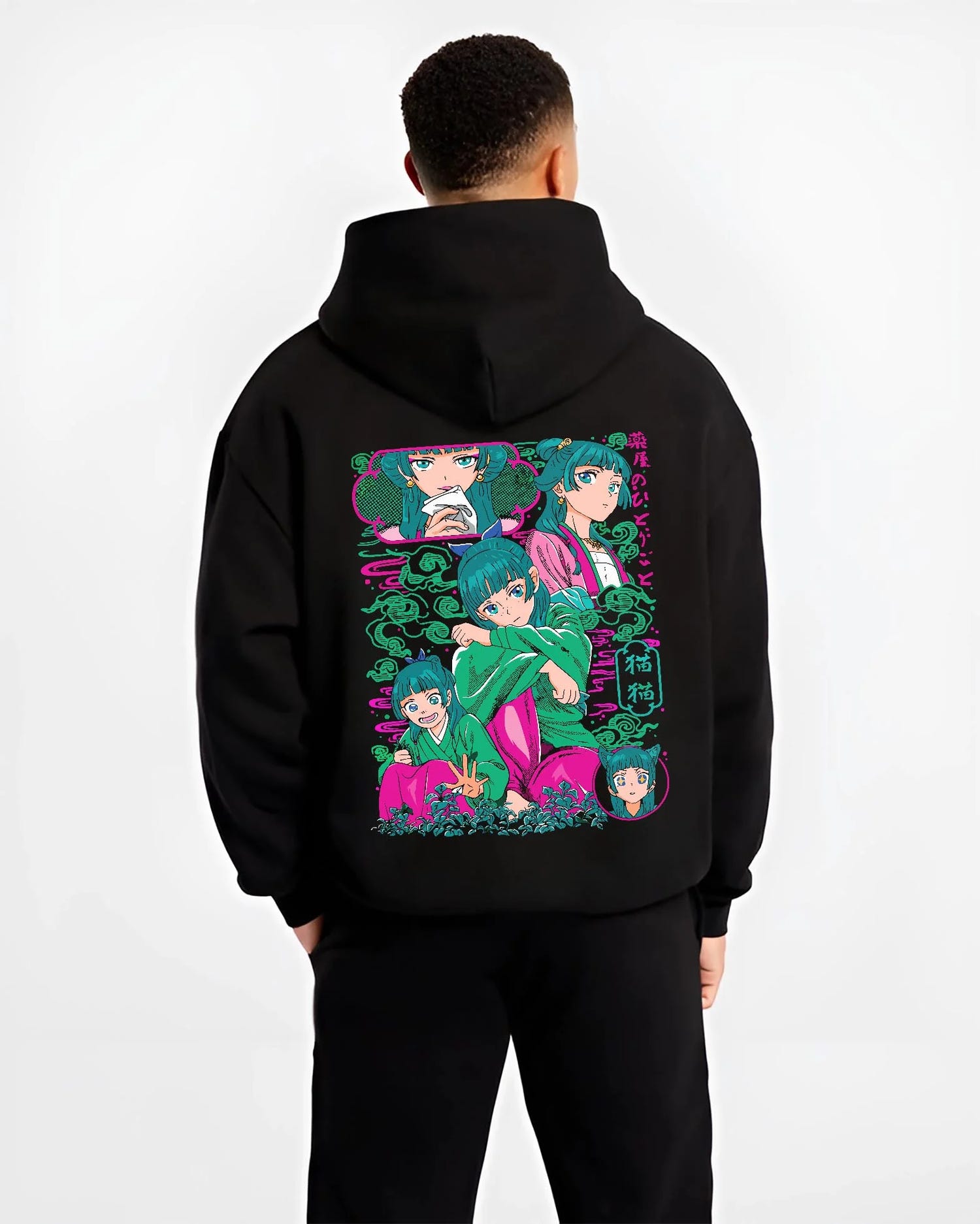 Black hoodie worn by male model, back view with Apothecary Diaries Hoodie Maomao Pink Hair Trio Panel graphic streetwear graphic.
