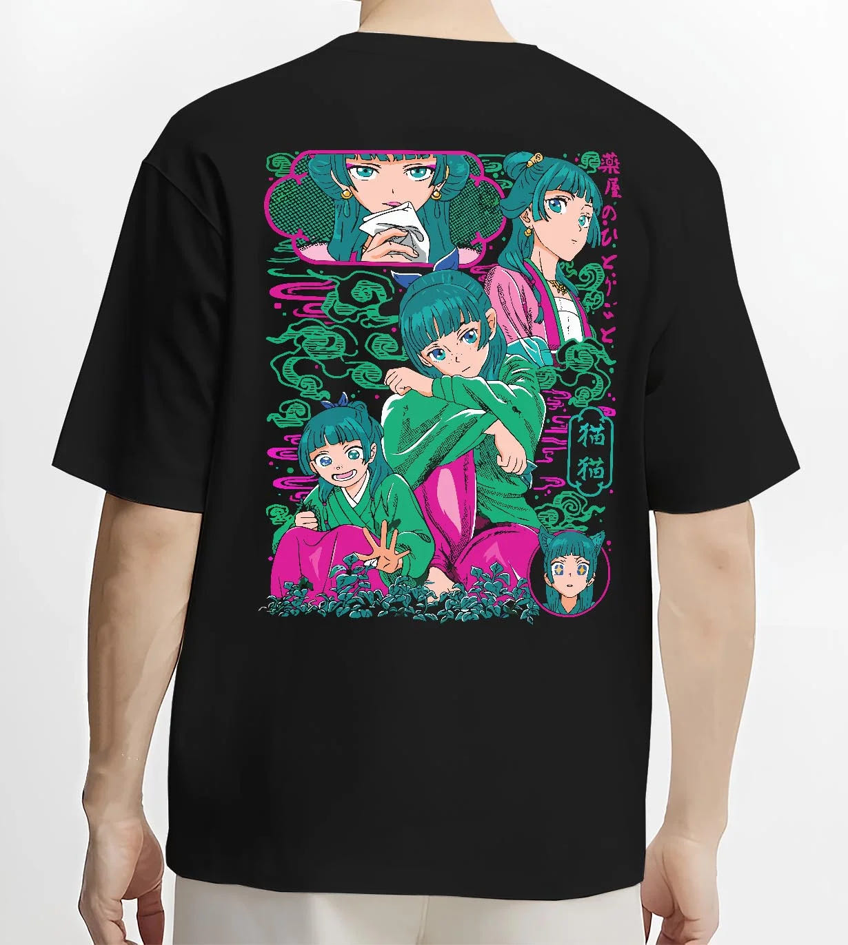 Black T-shirt worn by male model, back view with Apothecary Diaries Hoodie Maomao Pink Hair Trio Panel graphic premium wear.