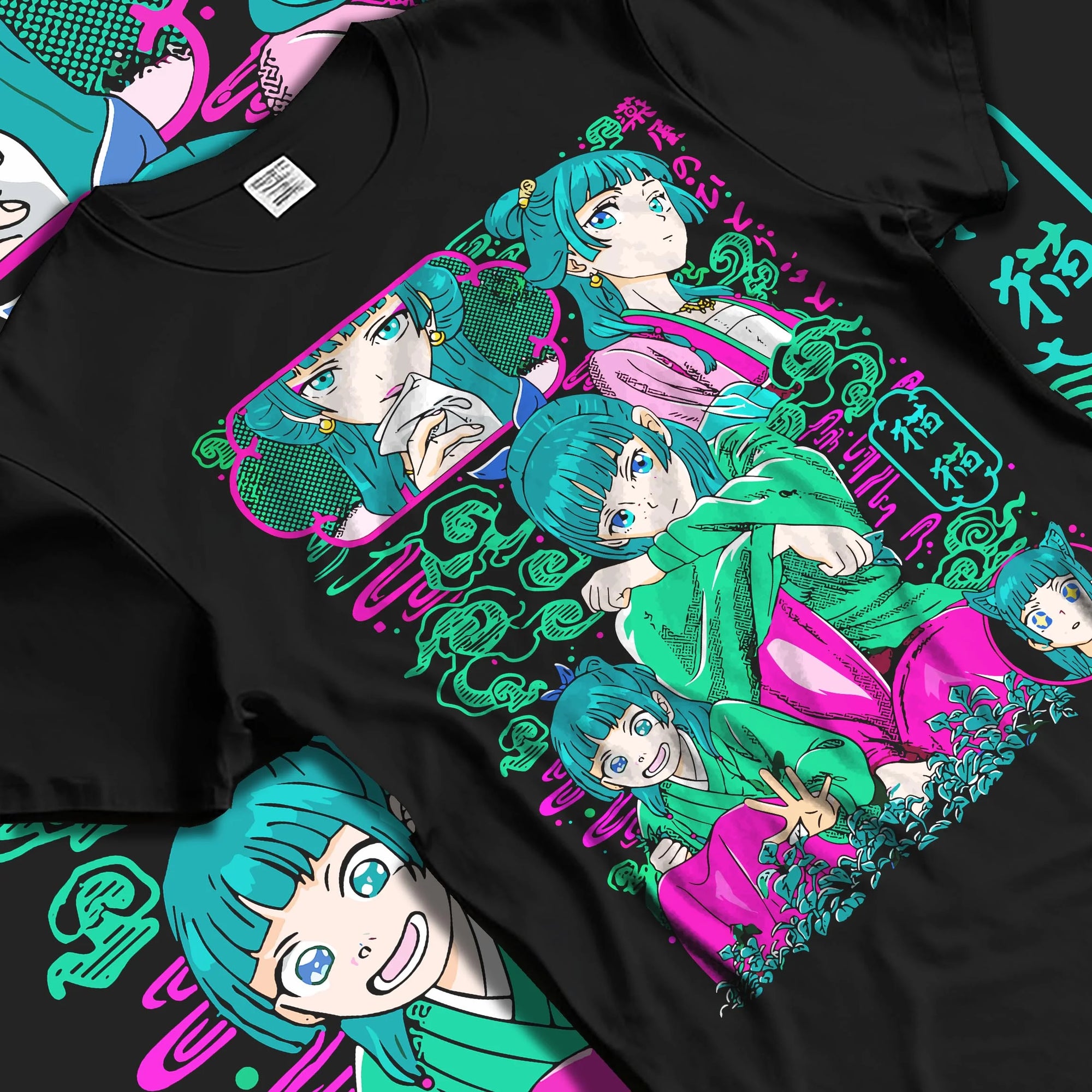 Black T-shirt laid flat with natural folds with Apothecary Diaries Hoodie Maomao Pink Hair Trio Panel graphic streetwear graphic.